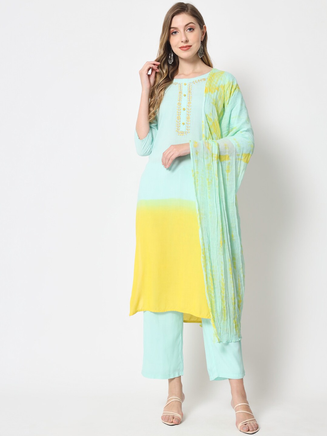 

KBZ Colourblocked Thread Work Kurta with Palazzos & With Dupatta, Sea green