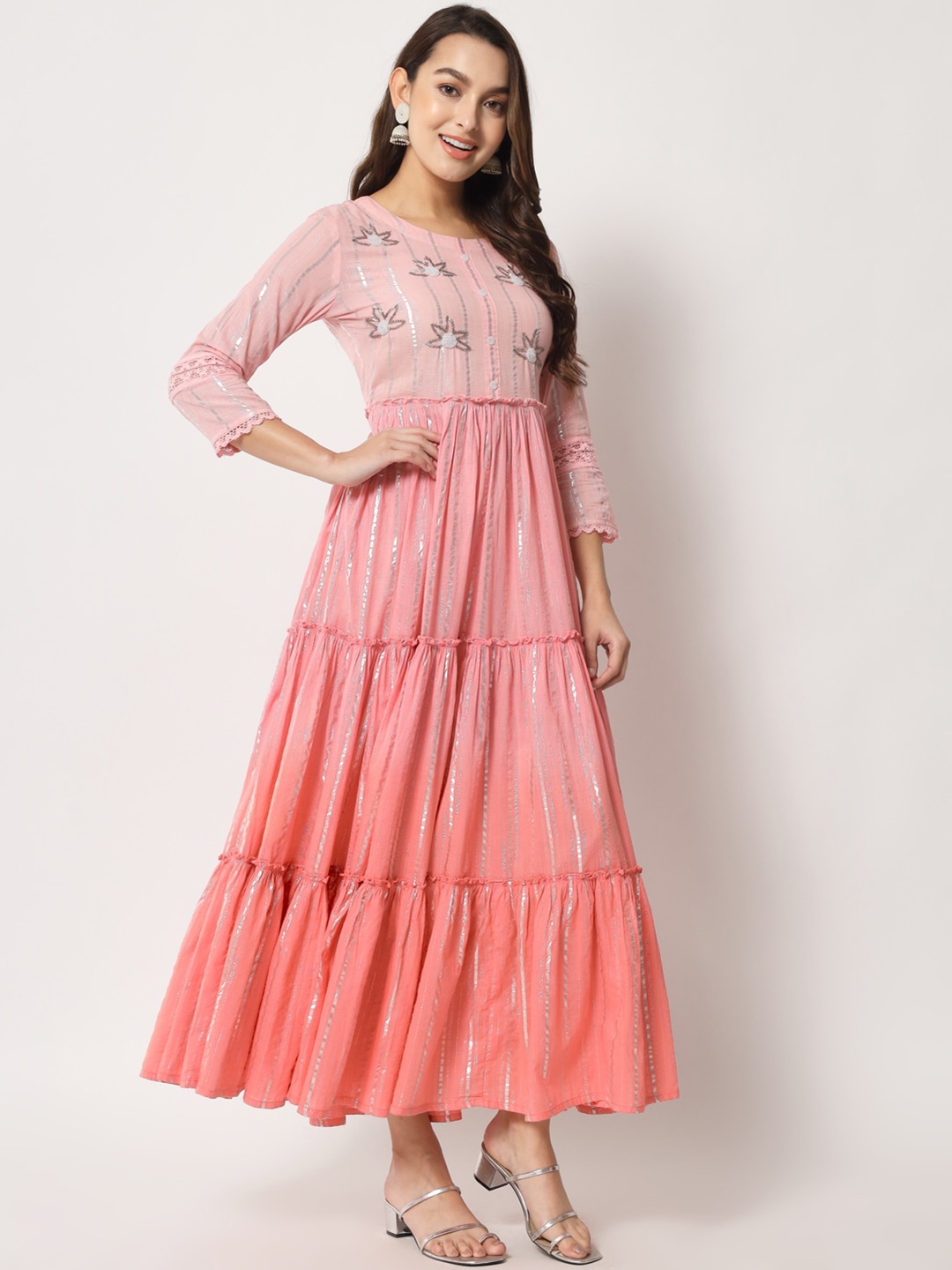 

KBZ Women Striped Anarkali Cotton Kurta, Pink