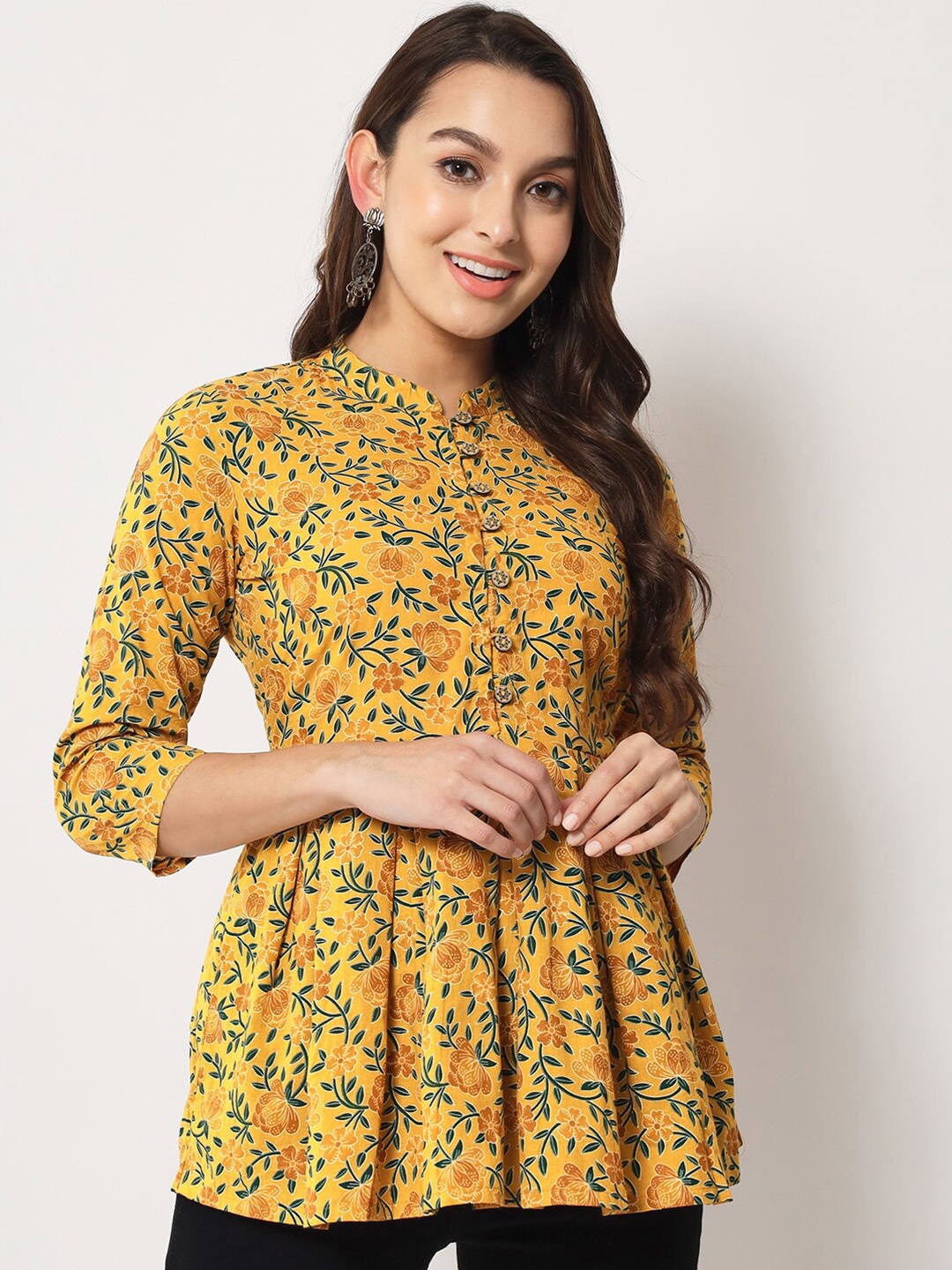 

KBZ Mandarin Collar Printed Cotton Tunic, Yellow