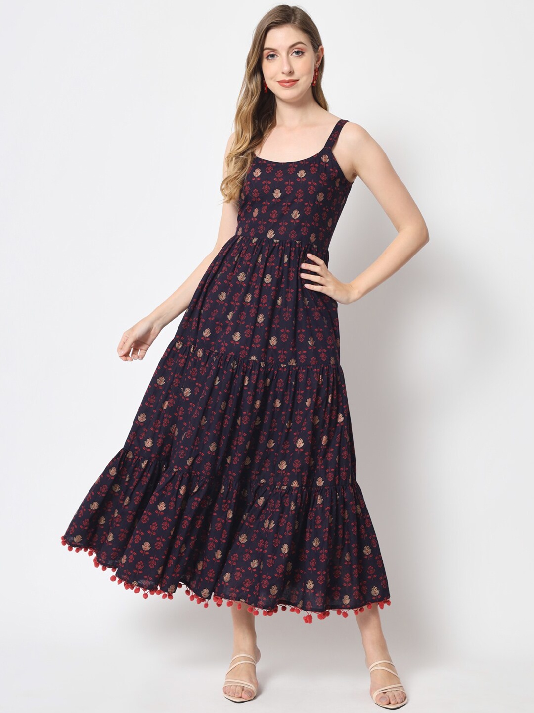 

KBZ Black Ethnic Motifs Printed Midi Fit And Flare Cotton Dress