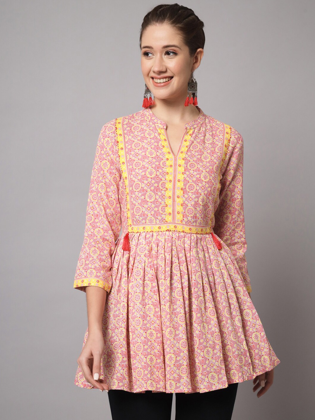 

KBZ Geometric Print Mandarin Collar Top, Pink