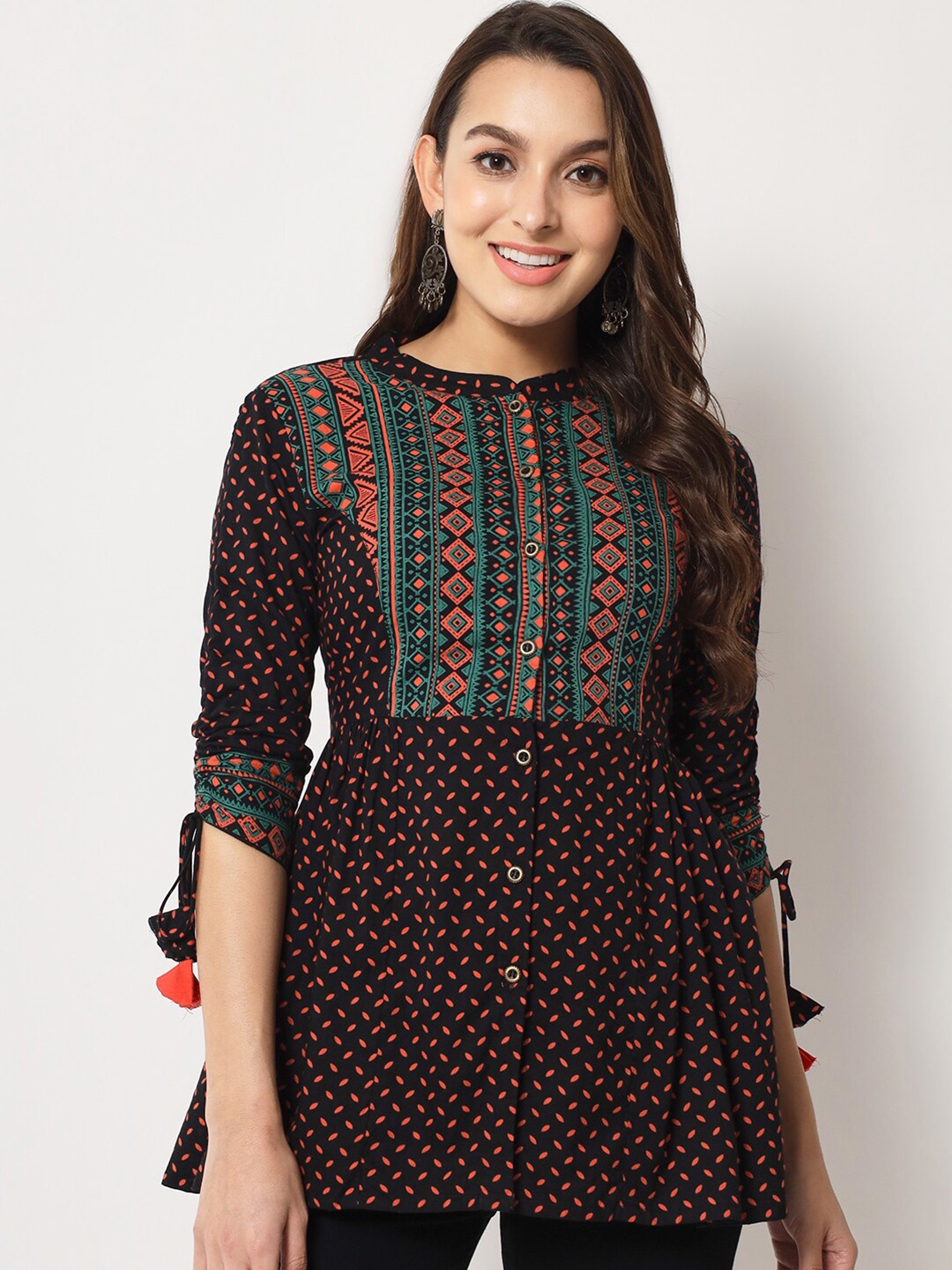 

KBZ Mandarin Collar Print Cotton Top, Black