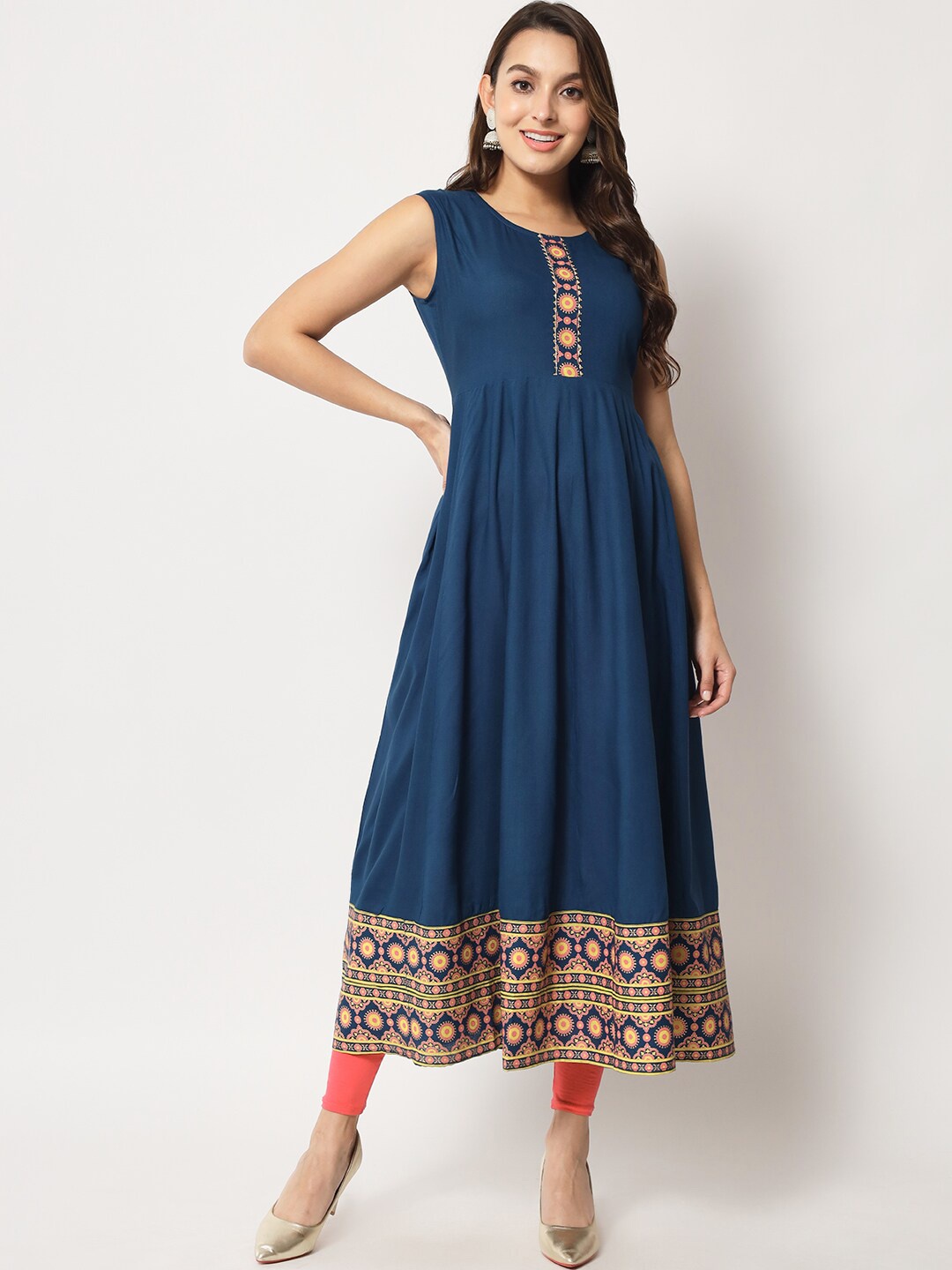 

KBZ Women Ethnic Motifs Printed Gotta Patti Anarkali Kurta With Long Shrug, Blue