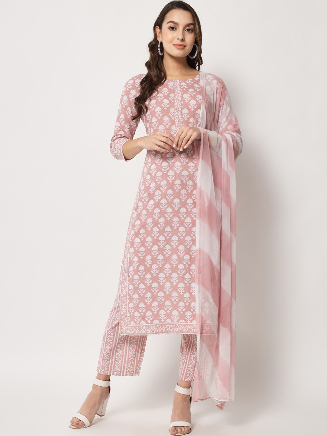 

KBZ Women Floral Printed Pure Cotton Kurta with Palazzos & With Dupatta, Peach