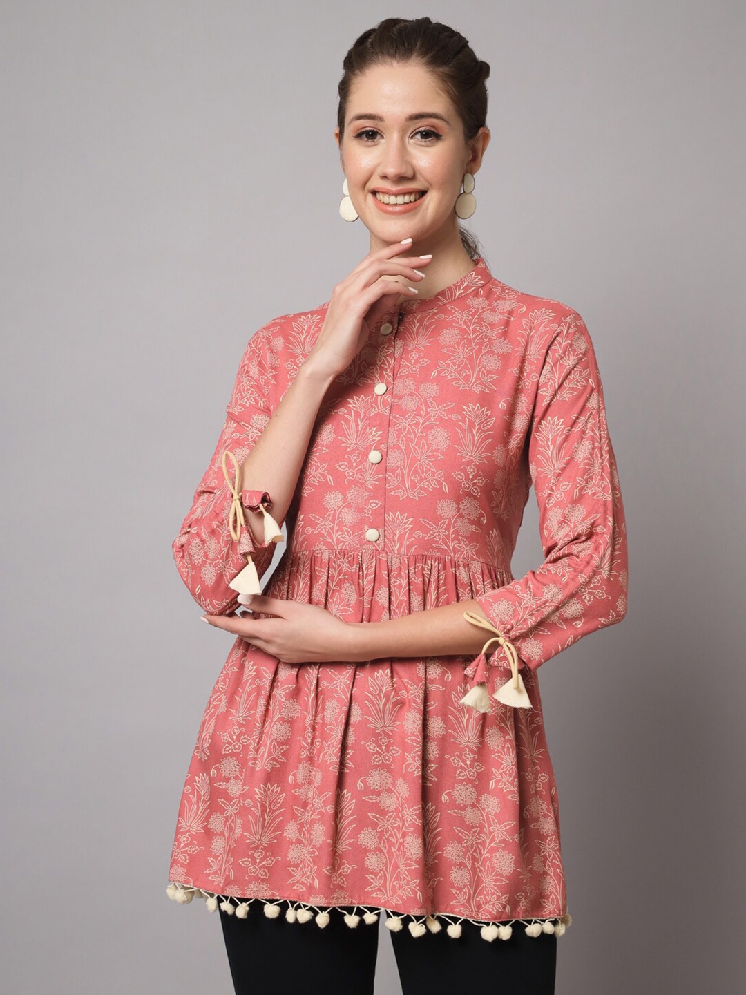 

KBZ Floral Print Mandarin Collar Top, Peach