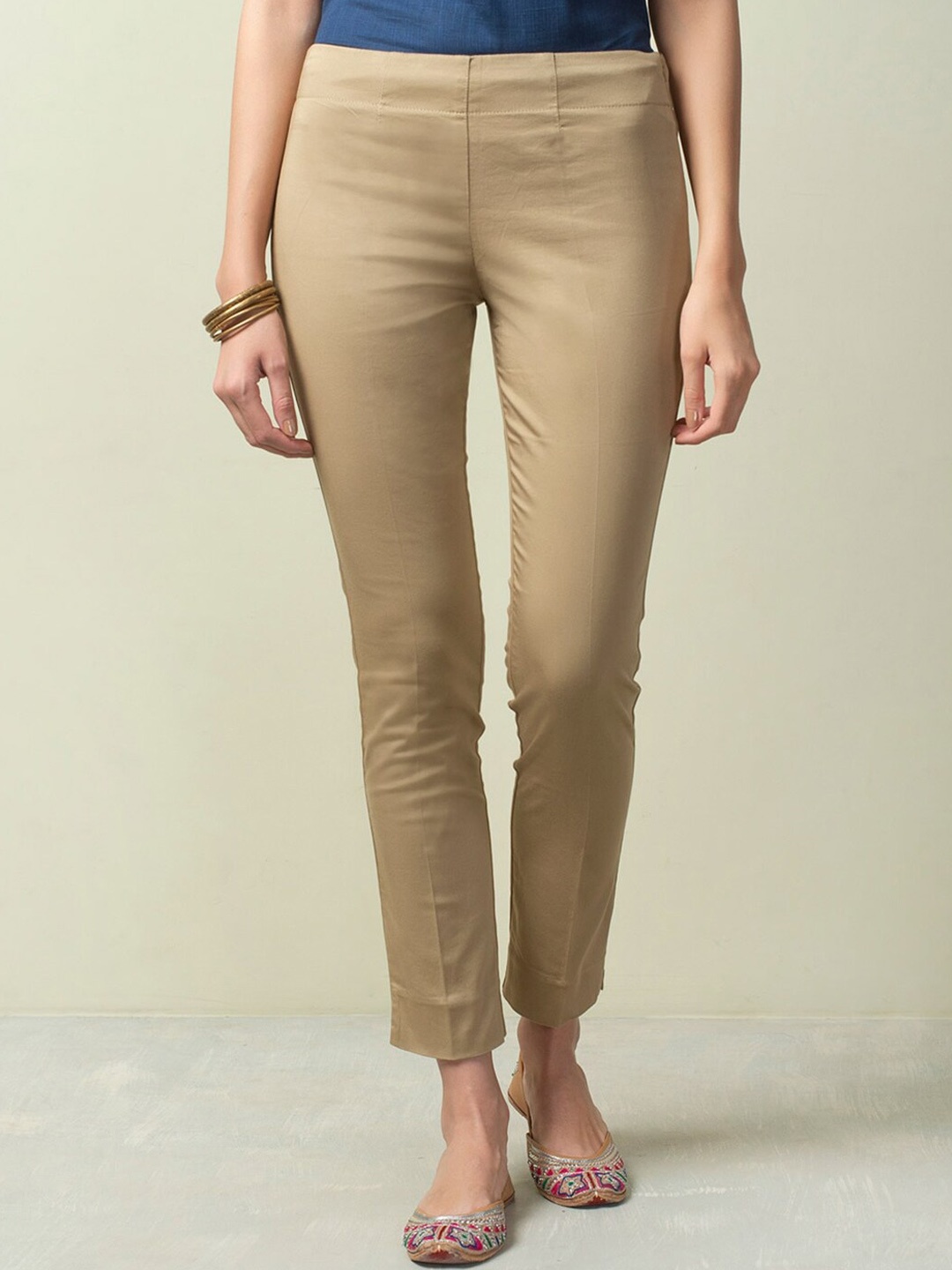 

Fabindia Women Slim Fit Cotton Formal Trousers, Beige