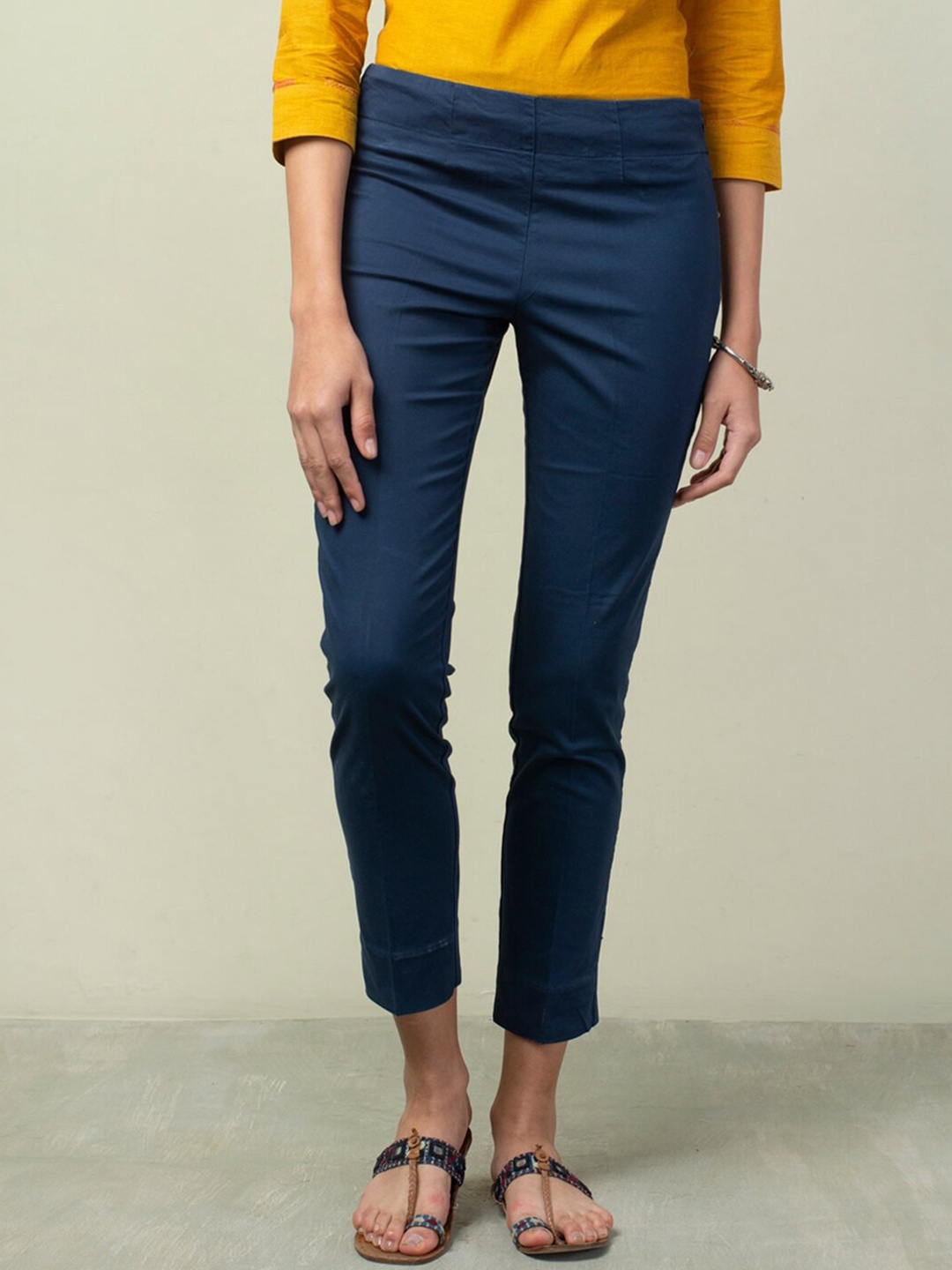 

Fabindia Women Slim Fit Formal Cotton Trousers, Blue