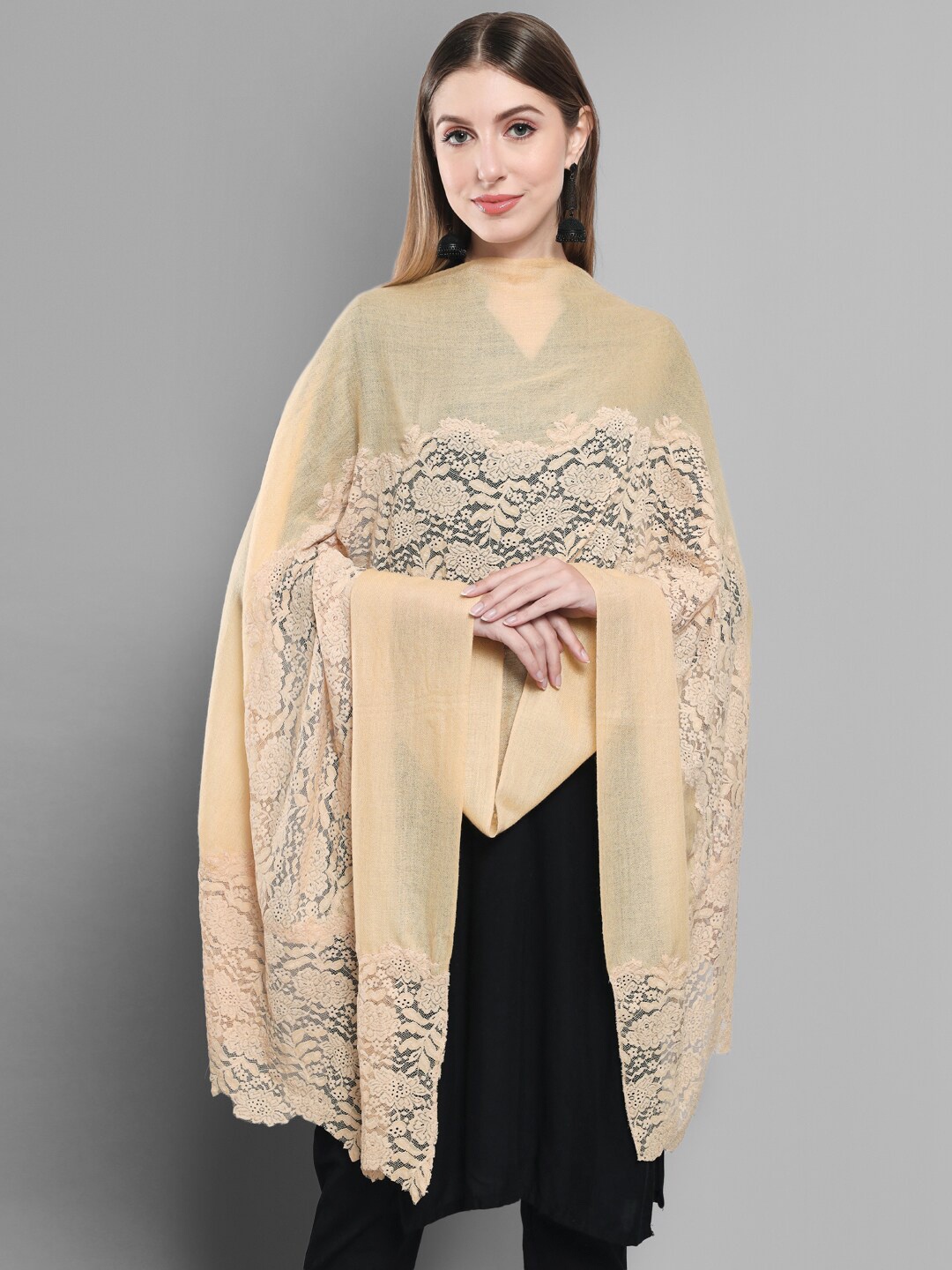 

Zamour Women Pure Wool Lace Embroidered Stole, Beige