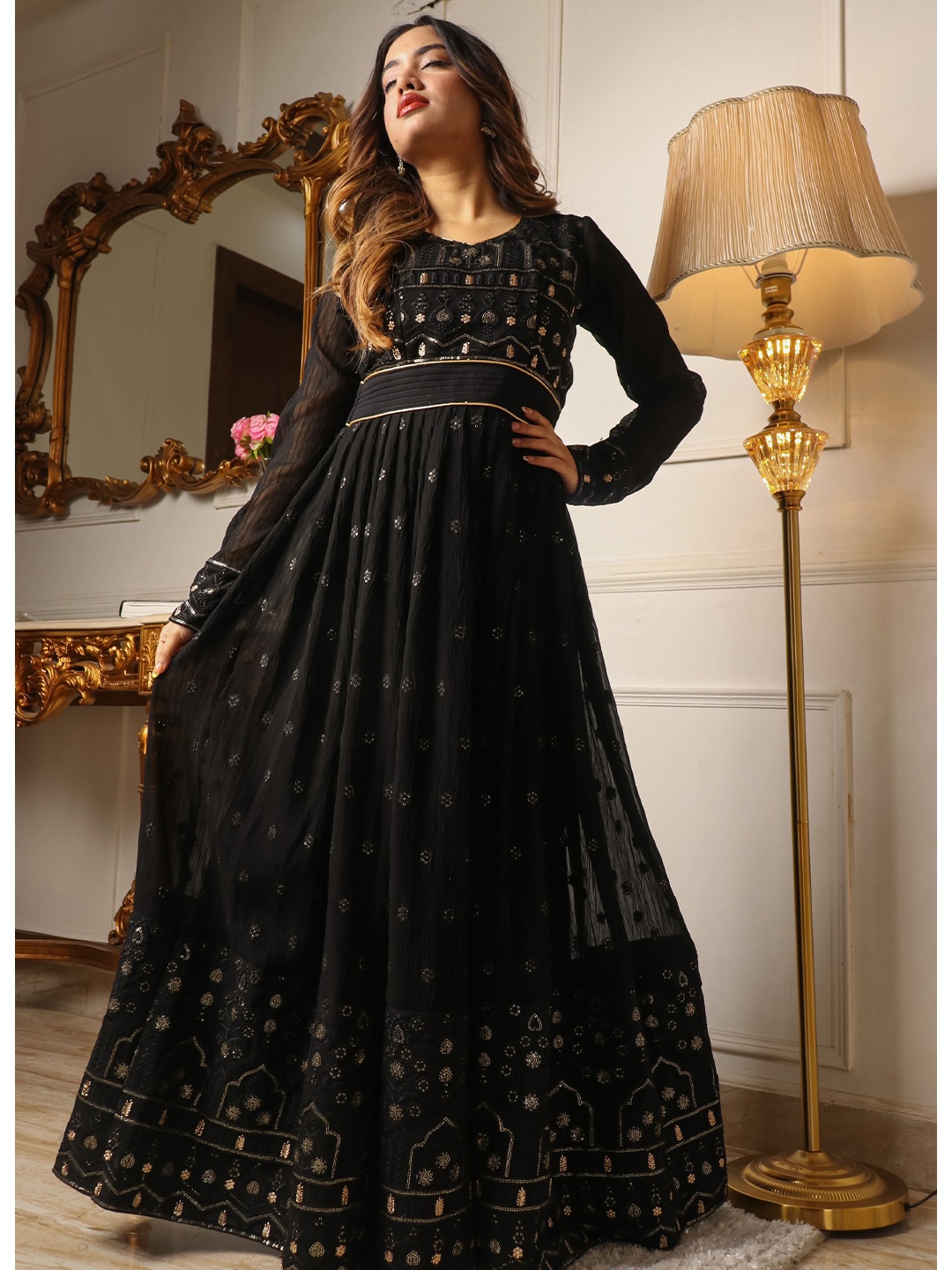 Vidraa Western Store Ethnic Motifs Georgette Maxi Dress, Black