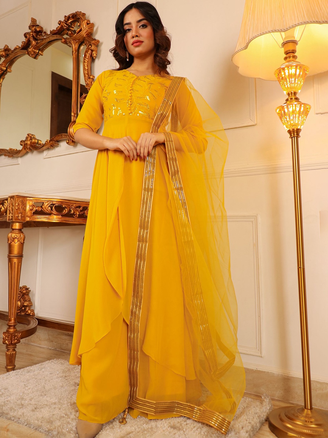

Vidraa Western Store Floral Embroidered High Slit Sequinned Silk Chiffon Kurta Set, Yellow
