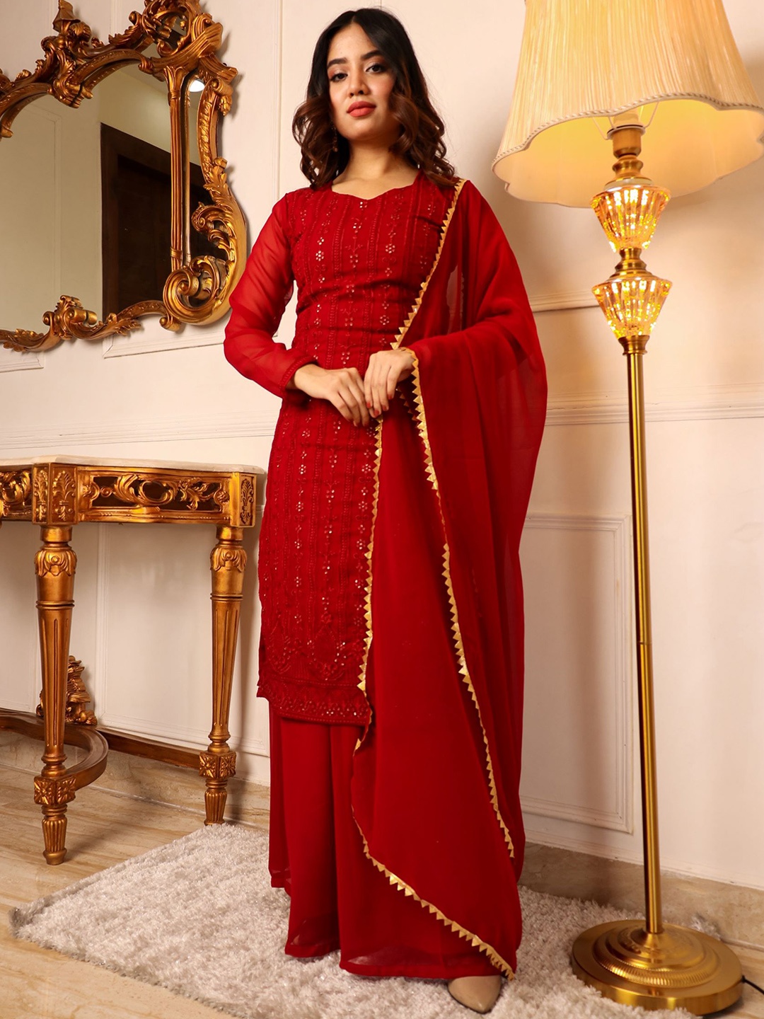 

Vidraa Western Store Women Maroon Ethnic Motifs Embroidered Sequinned Kurta with Palazzos & With Dupatta