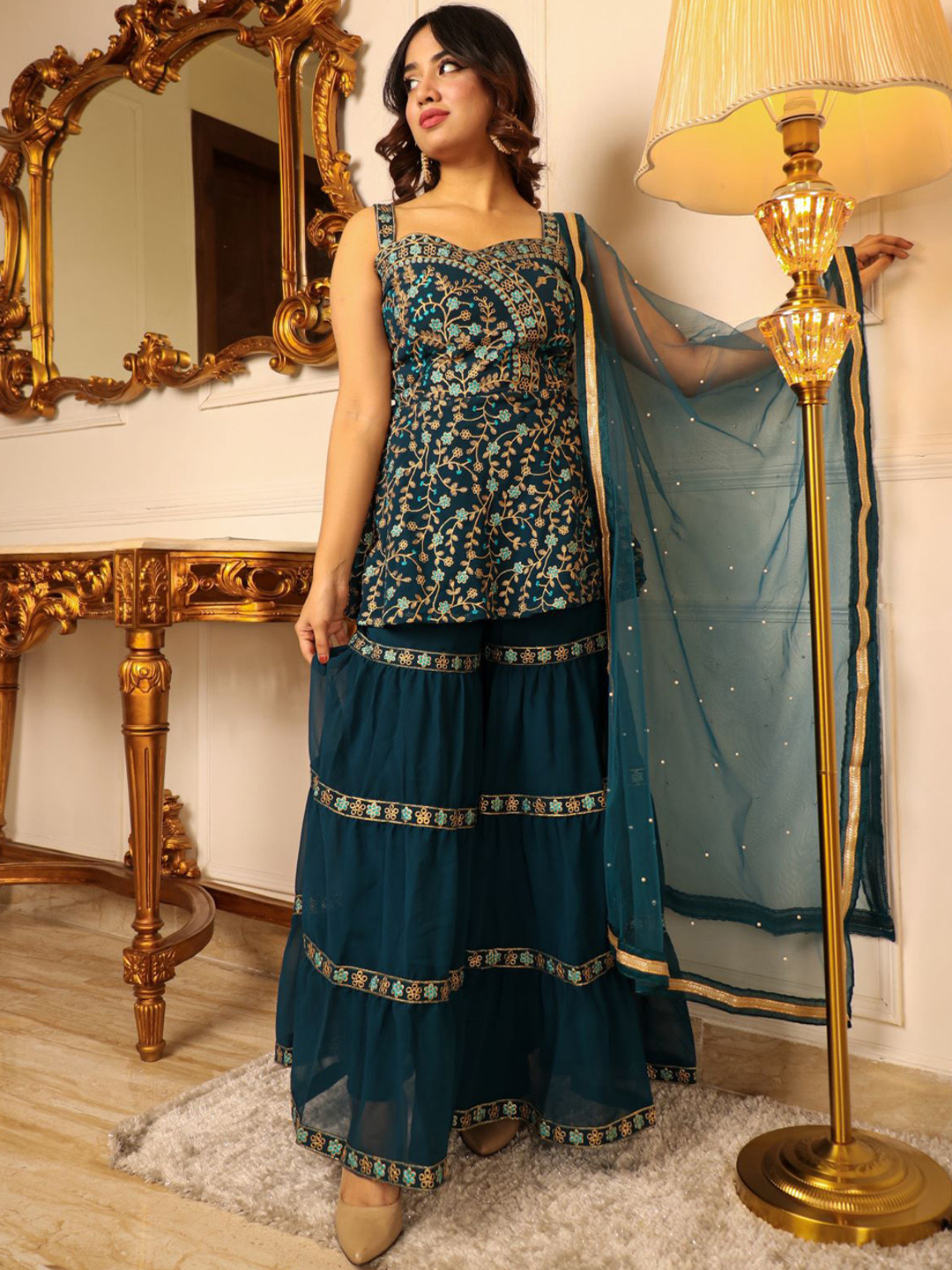 

Vidraa Western Store Floral Embroidered Sequinned Kurta with Sharara & With Dupatta, Teal