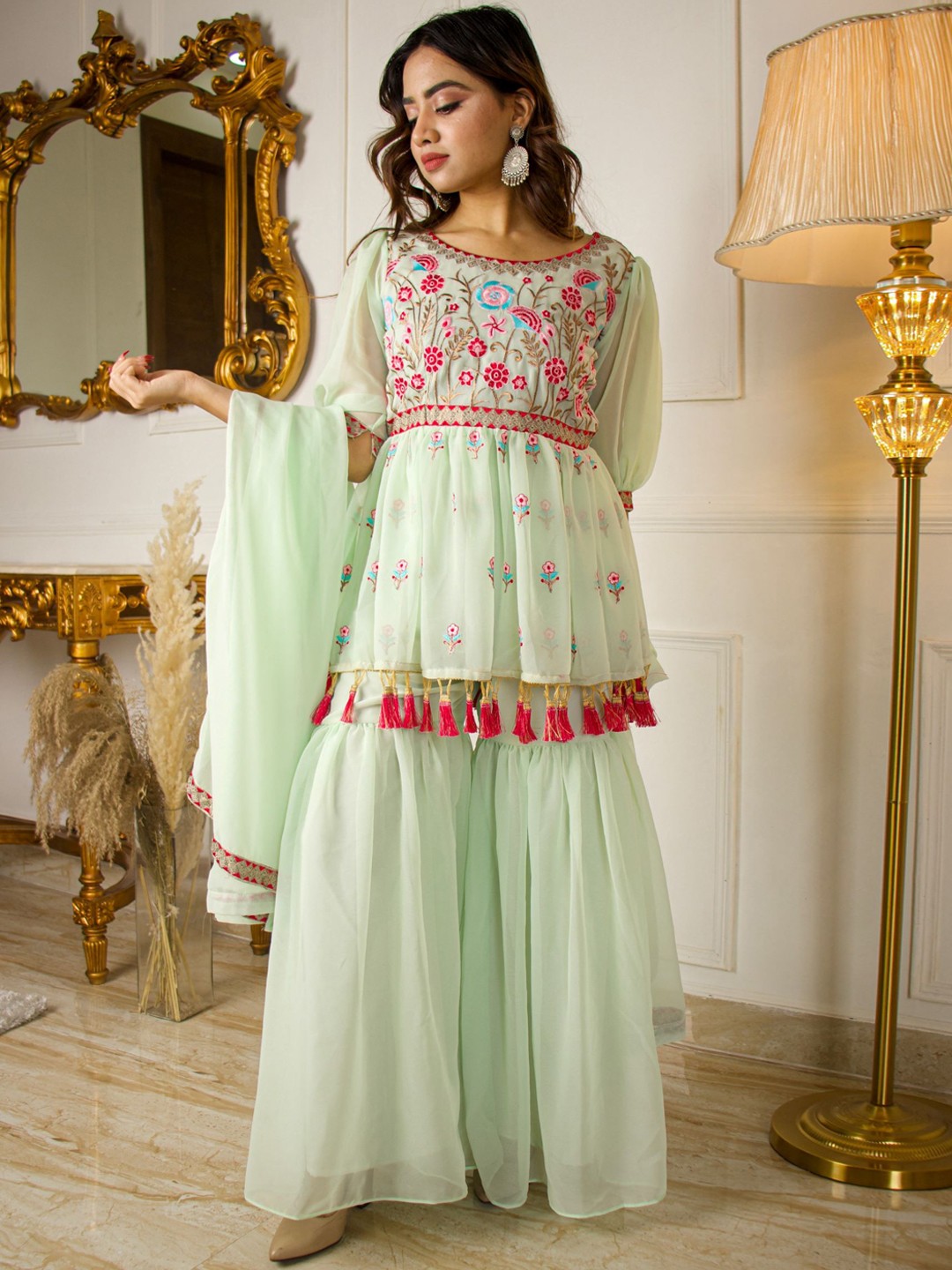 

Vidraa Western Store Women Embroidered Empire Thread Work Kurta with Sharara & Dupatta, Green