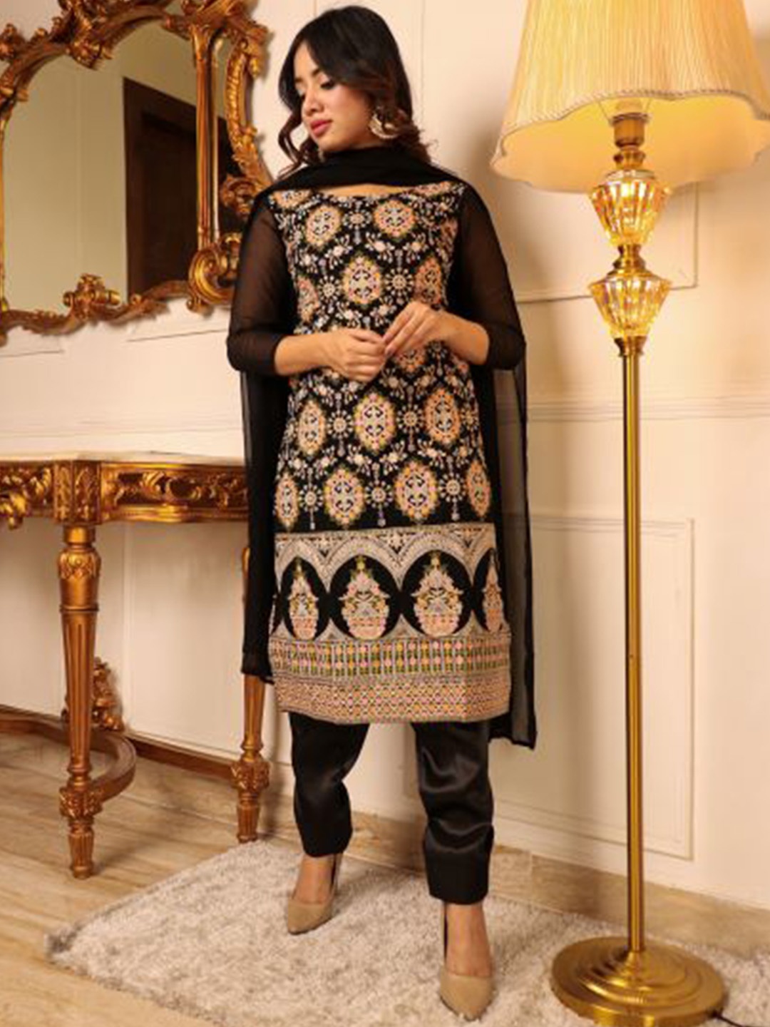 

Vidraa Western Store Women Embroidered Thread Work Kurta with Trousers & Dupatta, Black