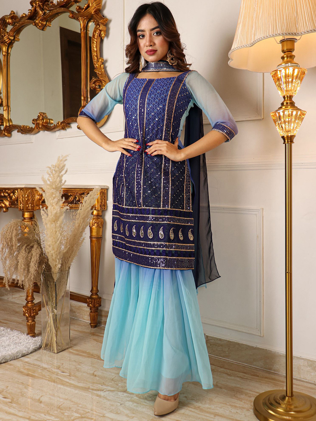 

Vidraa Western Store Women Embroidered Thread Work Kurti with Sharara & Dupatta, Navy blue