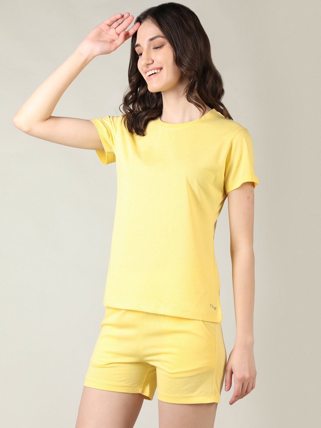 

Plagg Women Solid Cotton Round Neck Co-Ords, Yellow