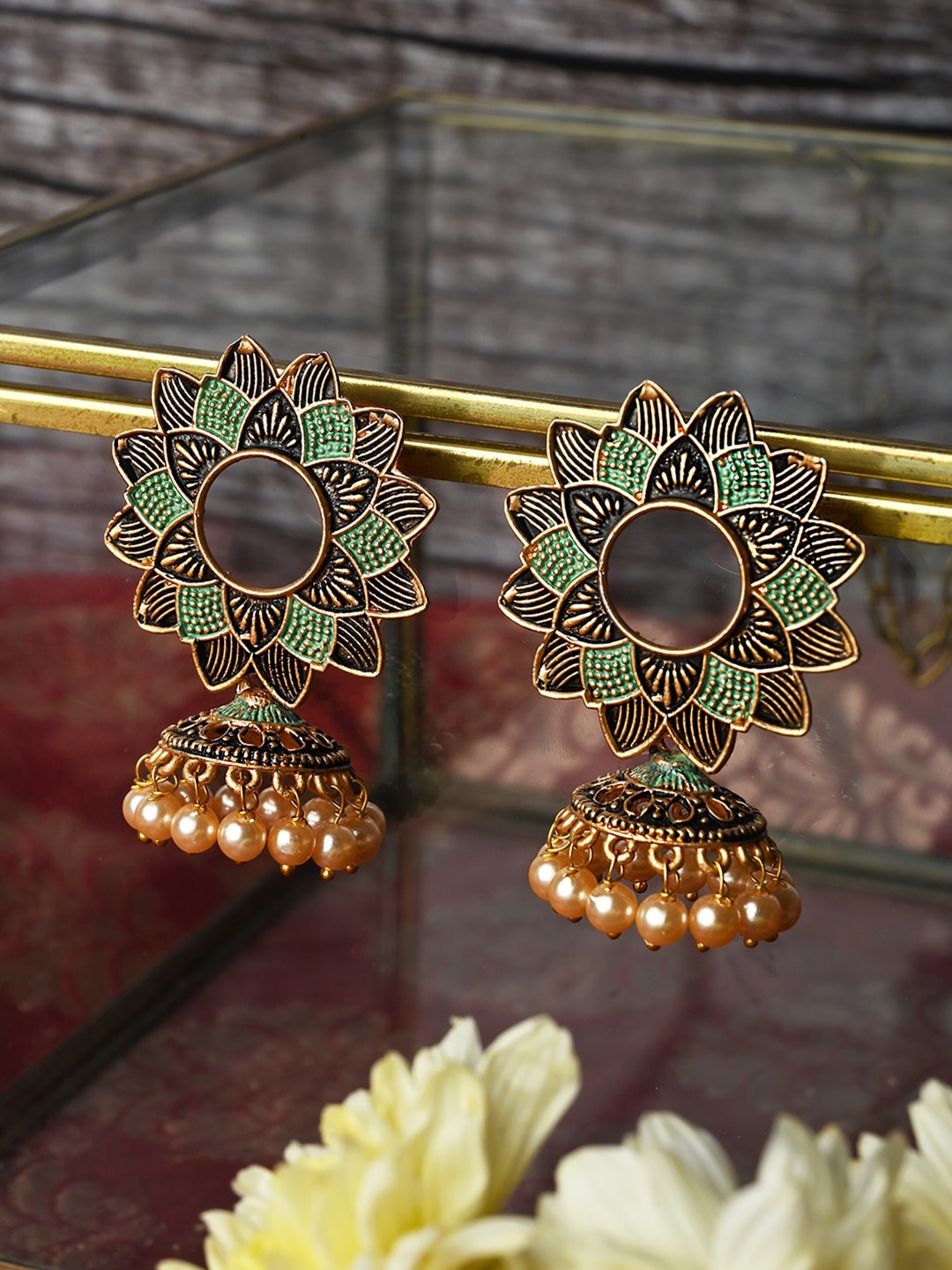 

TEEJH Gold-Plated Enamelled Floral Jhumkas Earrings, Green