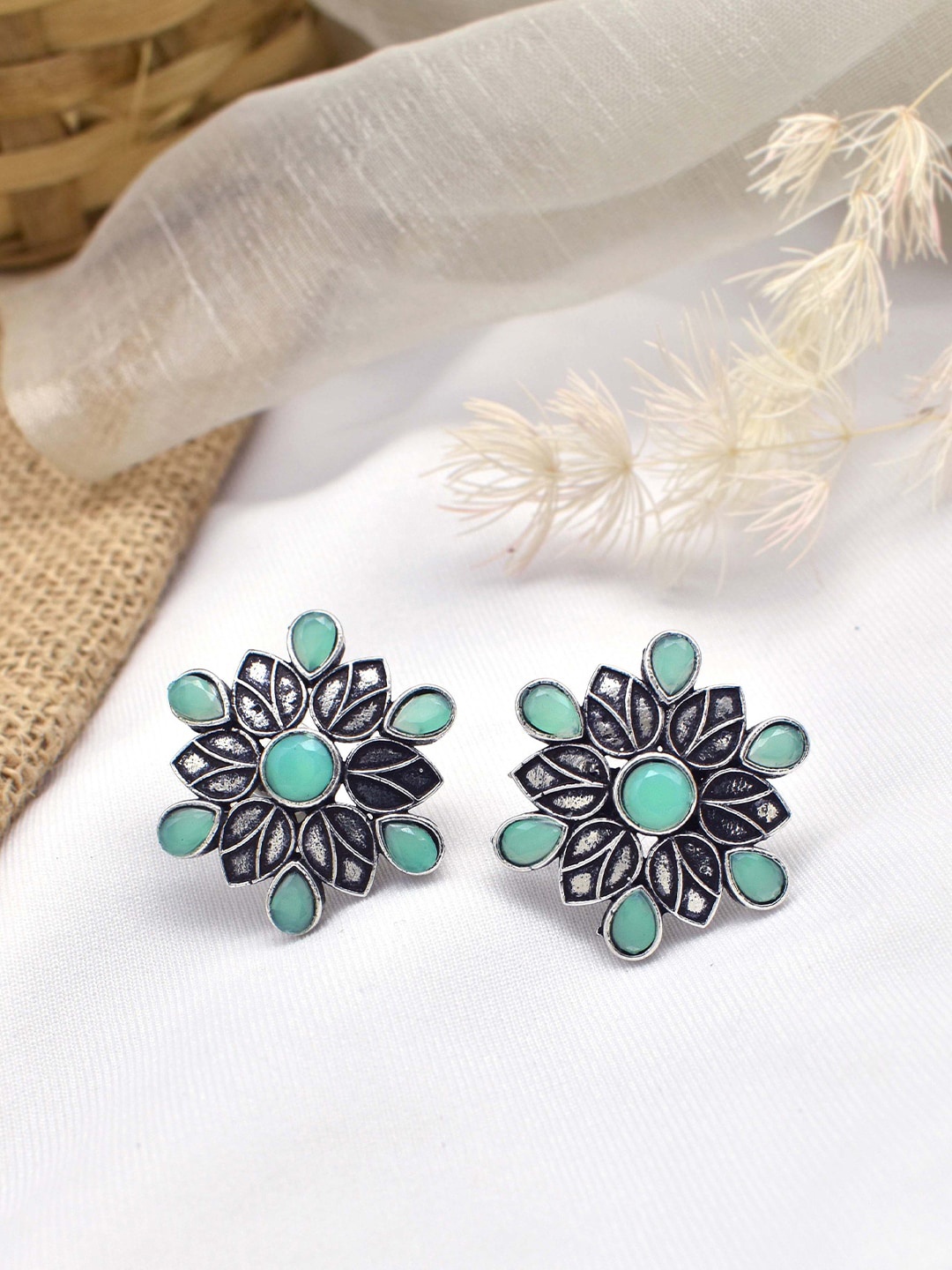 

TEEJH Silver-Plated Oxidised Floral Studs Earrings, Sea green