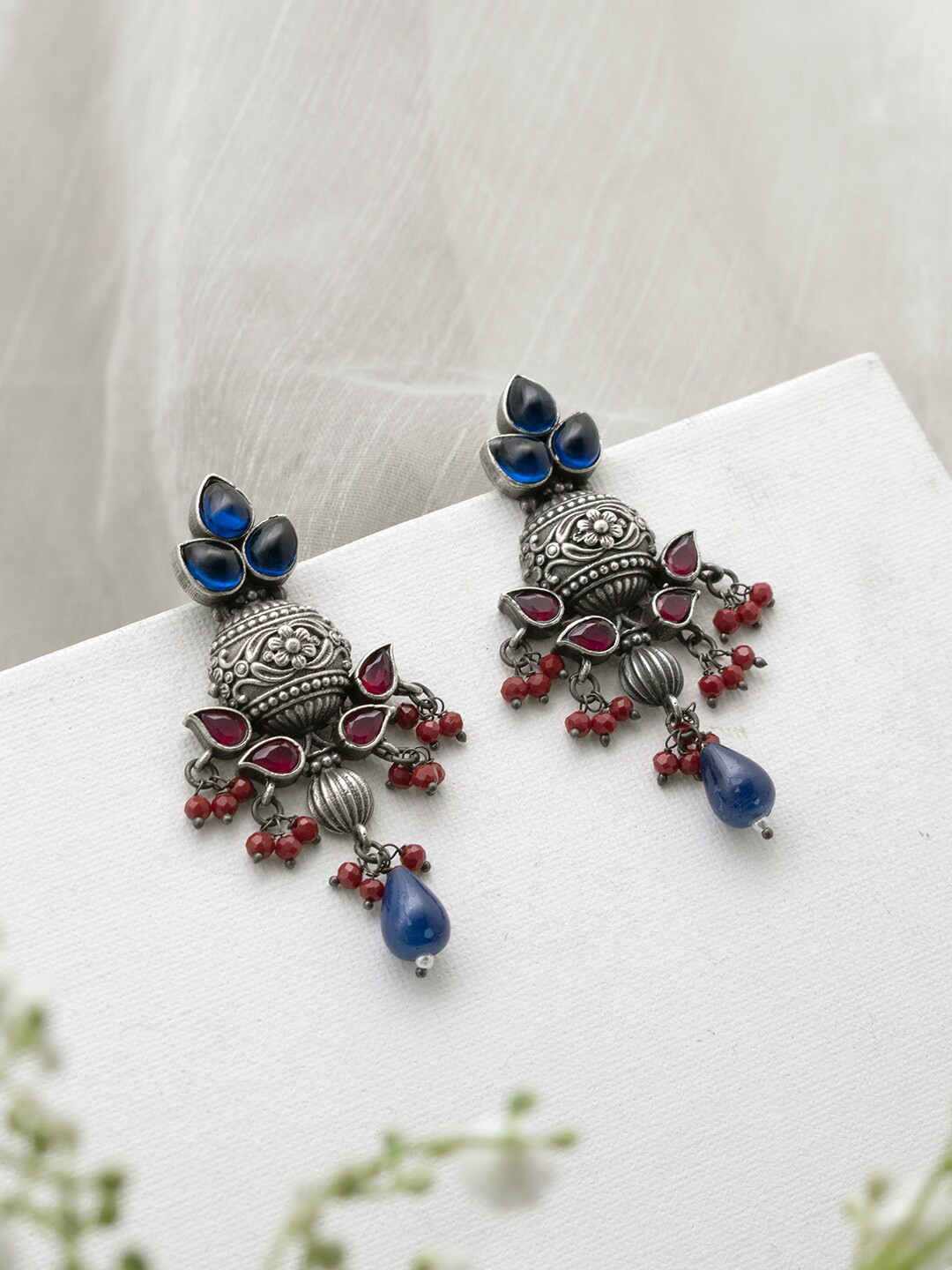 

TEEJH Silver-Plated Oxidised Contemporary Drop Earrings, Navy blue