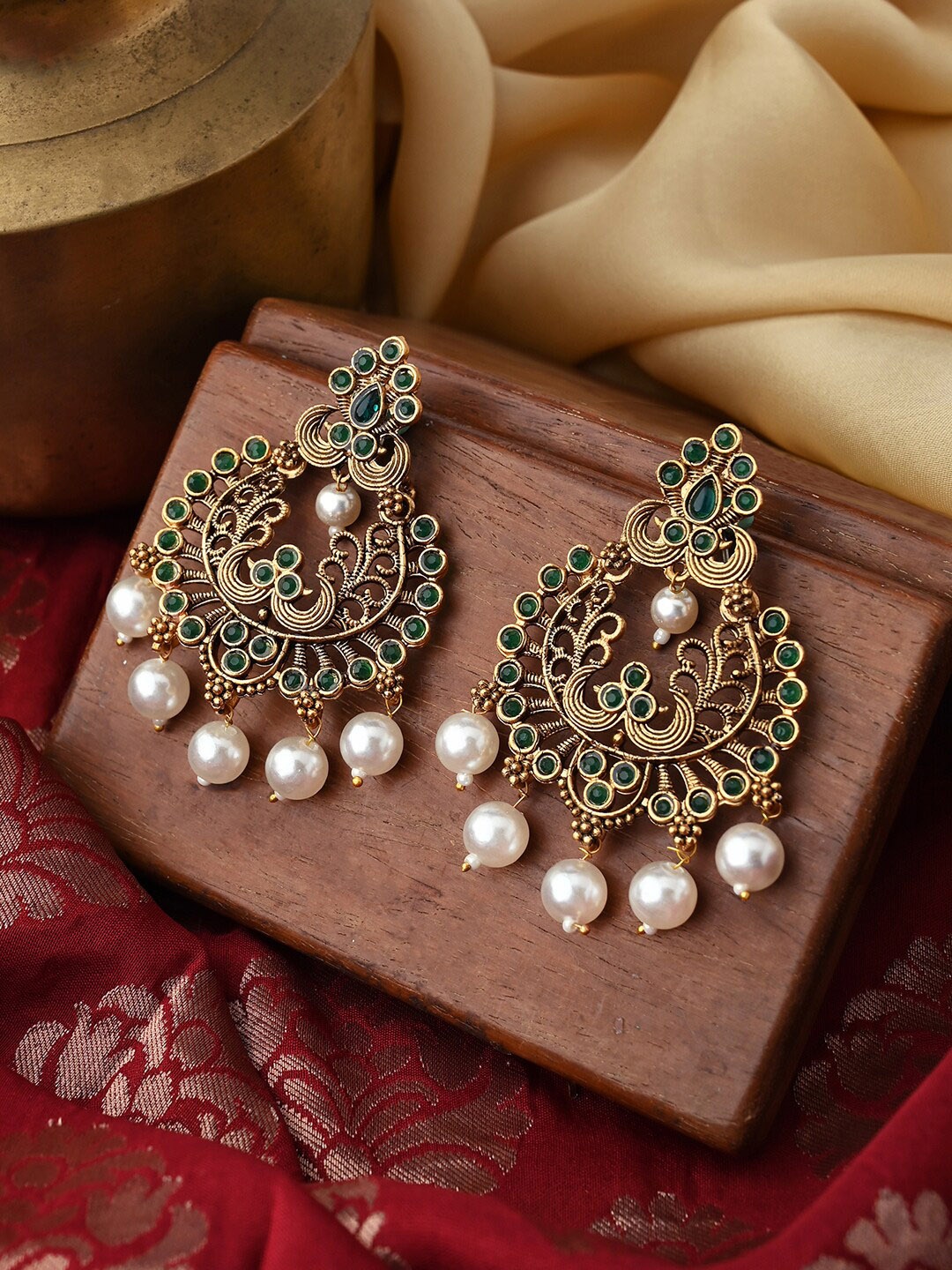 

TEEJH Gold-Plated Contemporary Chandbalis Earrings, Green