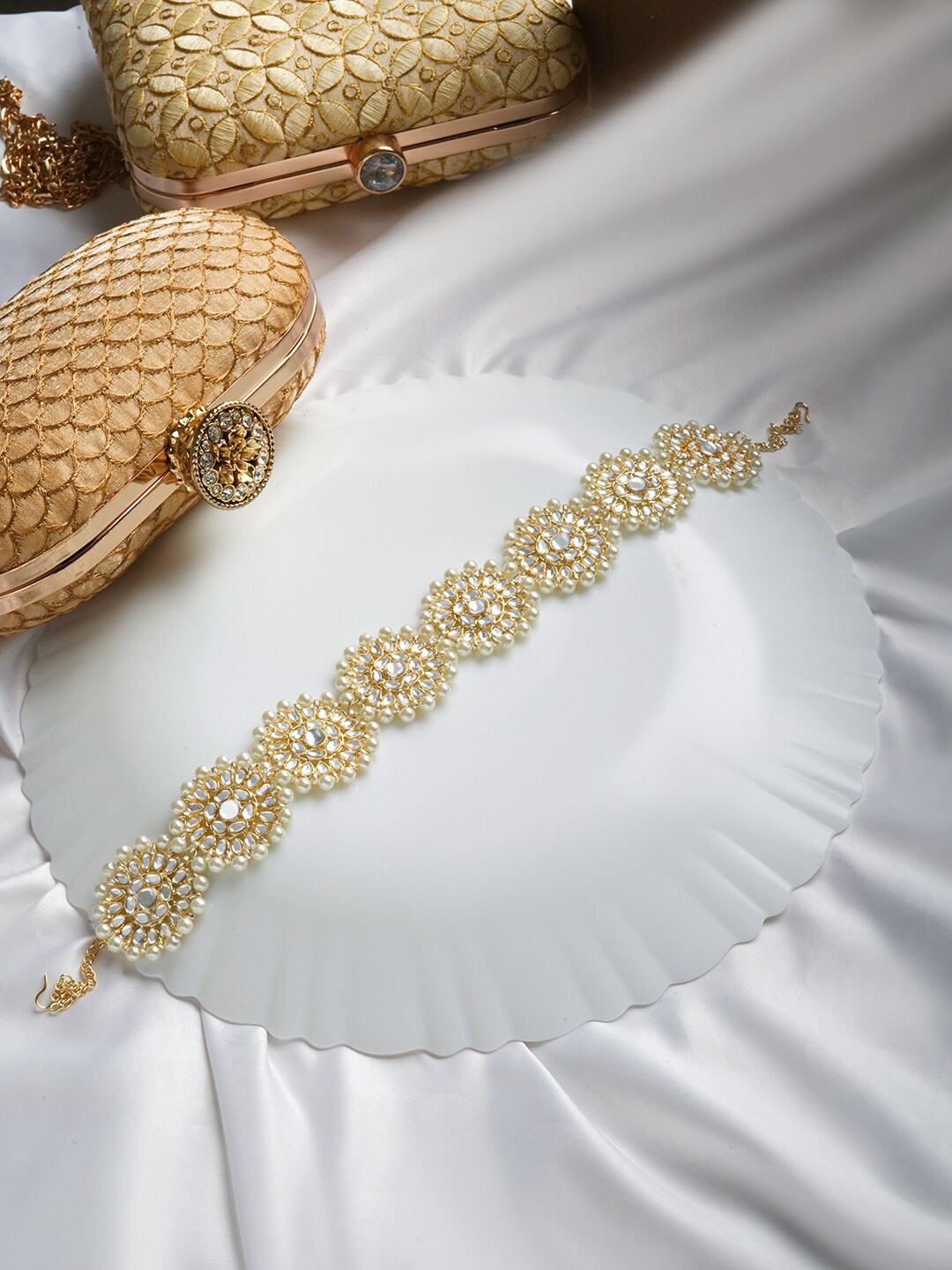 

TEEJH Stone Studded & Beaded Mathpatti Head Jewellery, Gold