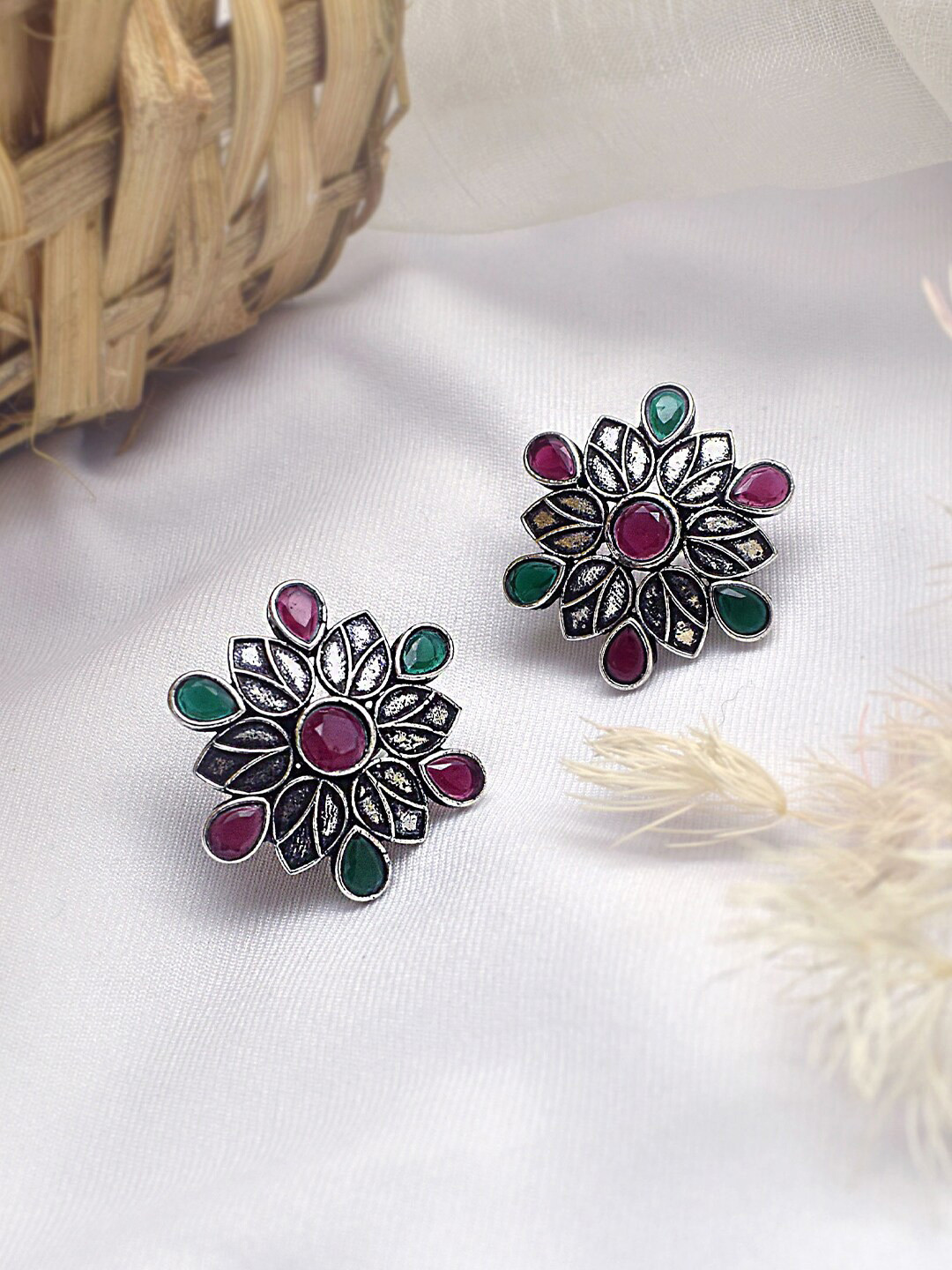

TEEJH Silver-Plated Oxidised Floral Studs Earrings, Pink