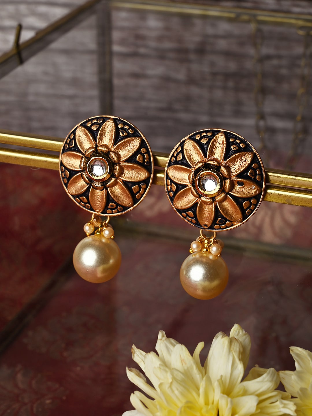 

TEEJH Gold-Plated Enamelled Floral Drop Earrings, White