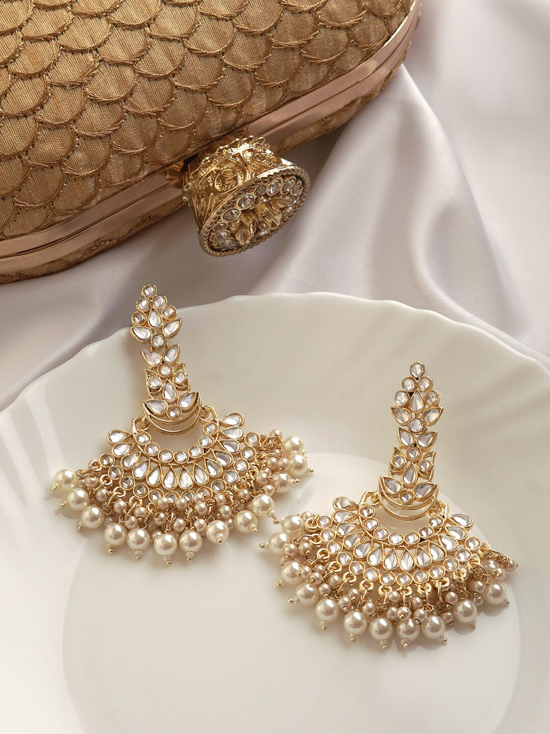 

TEEJH Gold-Plated Contemporary Chandbalis Earrings, White