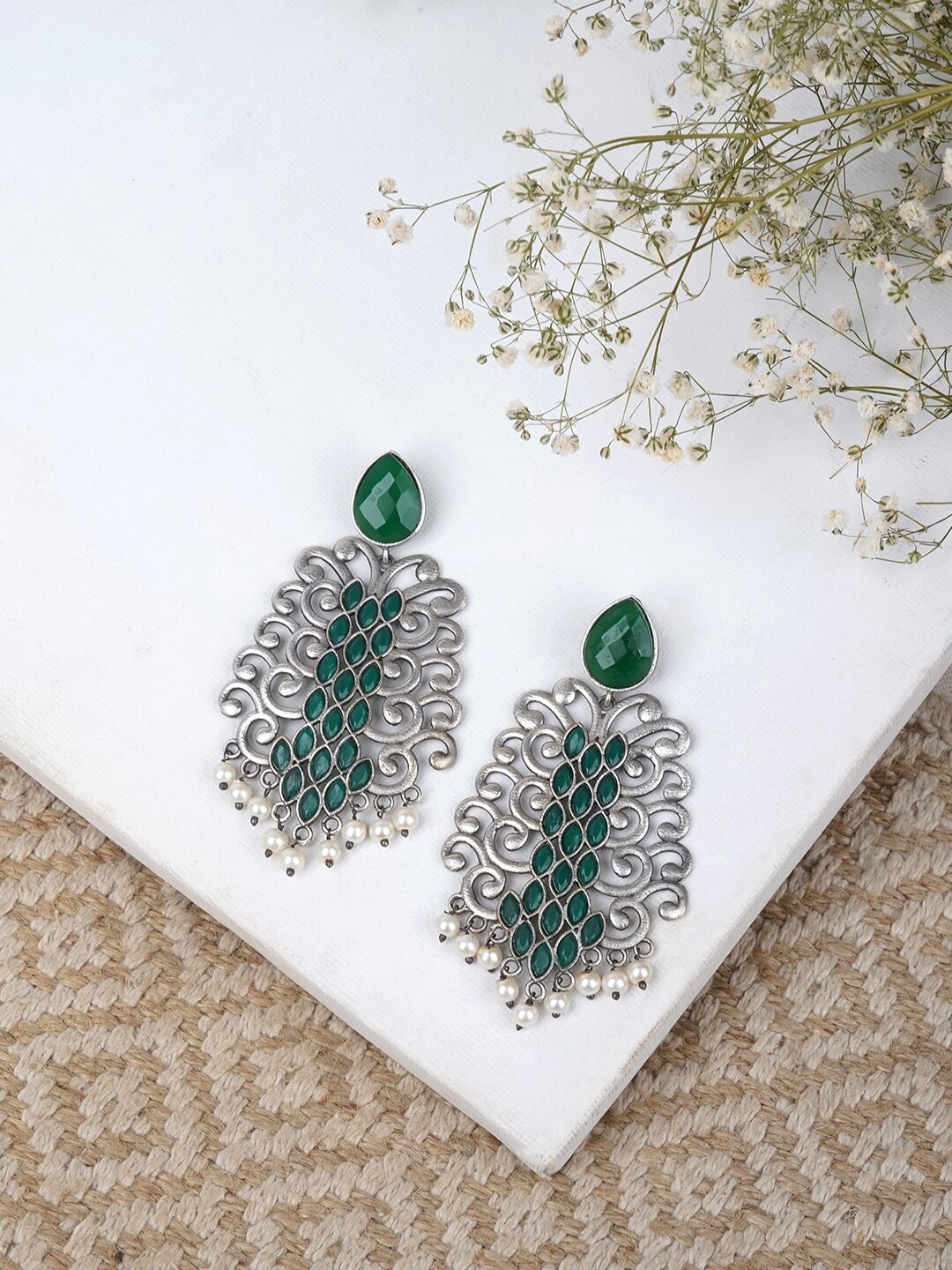 

TEEJH Silver-Plated Contemporary Drop Earrings, Green