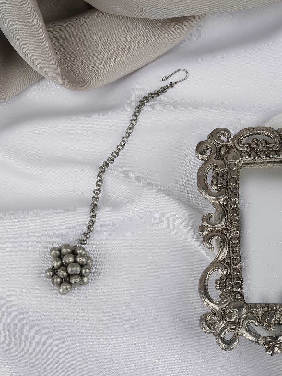 

TEEJH Ghungroo Beaded Oxidised Maangtika, Silver