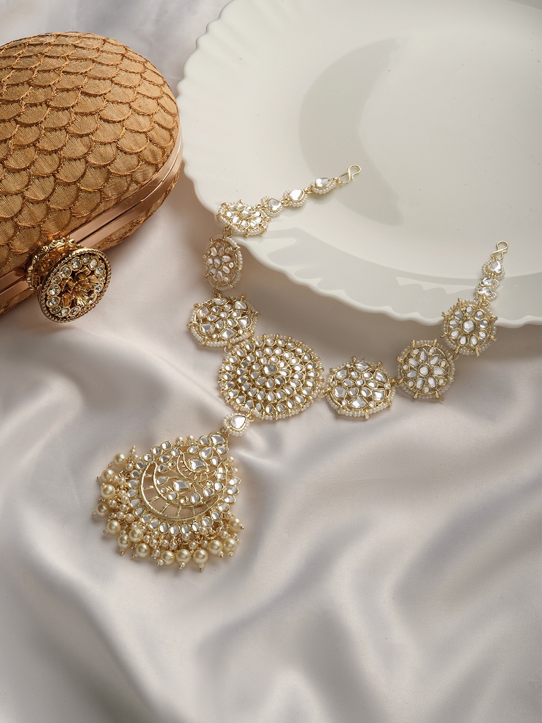 

TEEJH Stone-Studded & Beaded Polki Maangtika, Gold