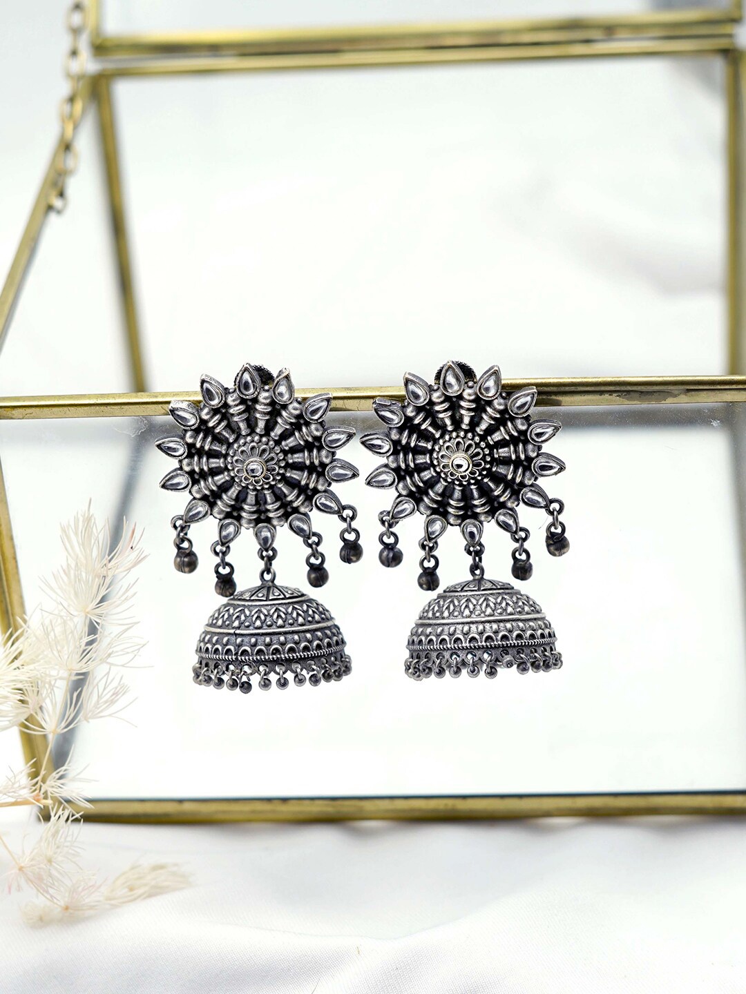 

TEEJH Silver-Plated Oxidised Dome Shaped Jhumkas Earrings