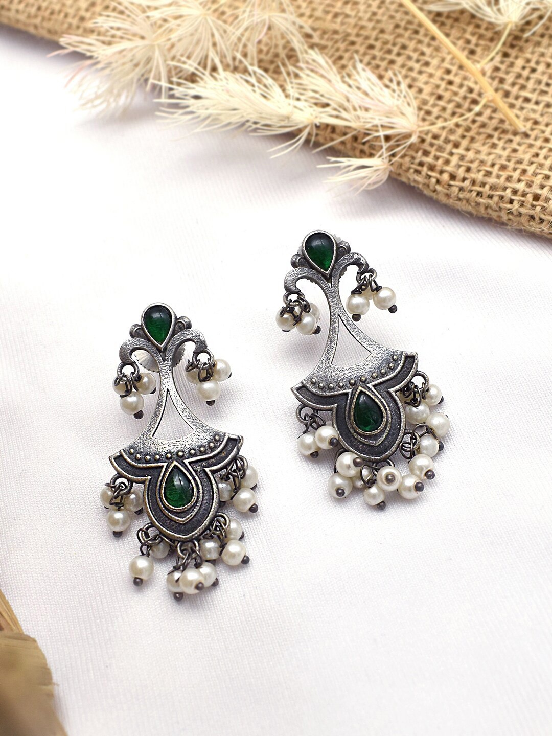 

TEEJH Silver-Plated Oxidised Contemporary Drop Earrings, Green