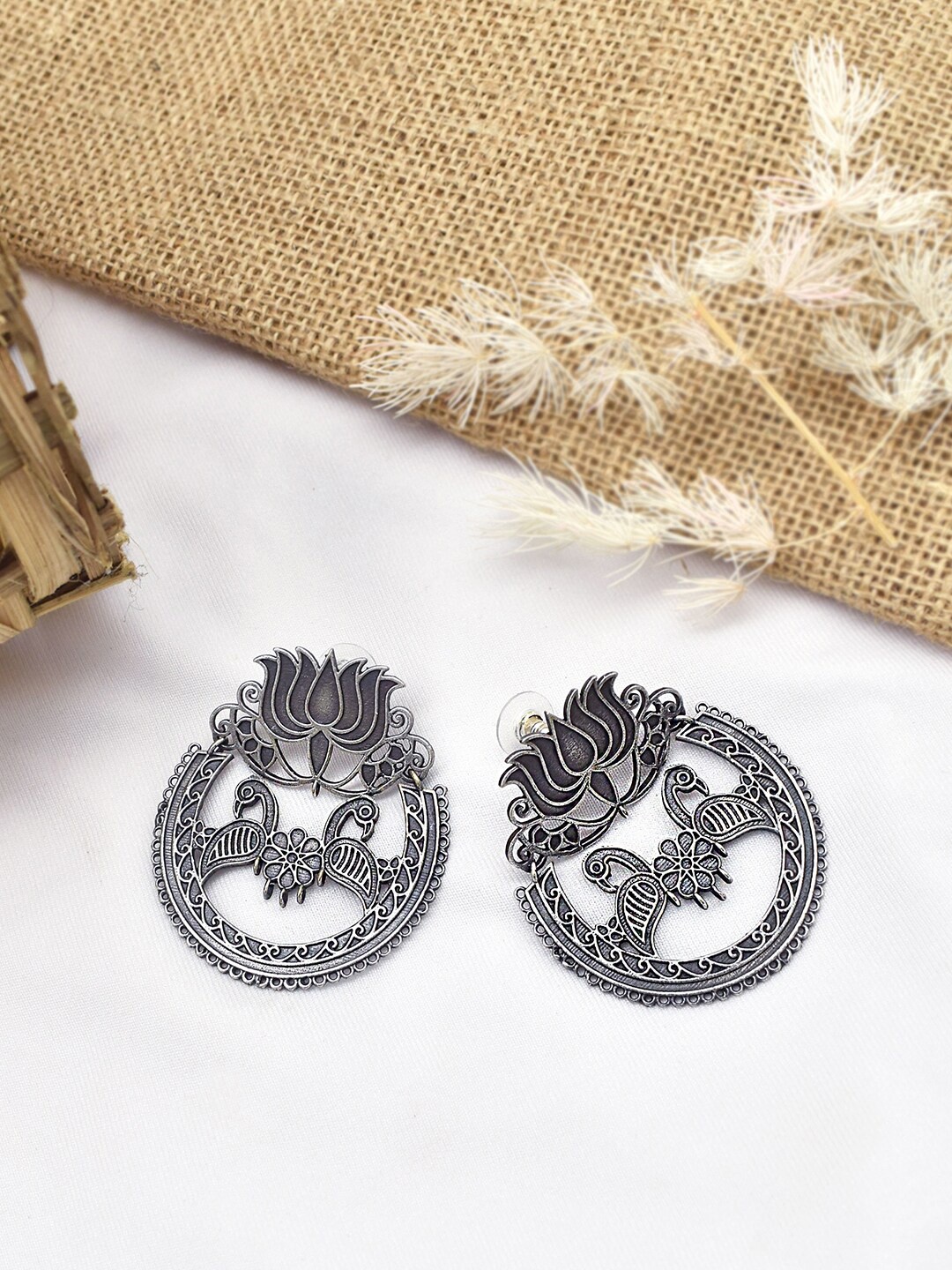 

TEEJH Silver-Plated Oxidised Peacock Shaped Studs Earrings