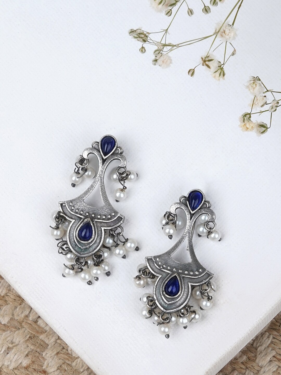 

TEEJH Silver-Plated Oxidised Drop Earrings, Navy blue