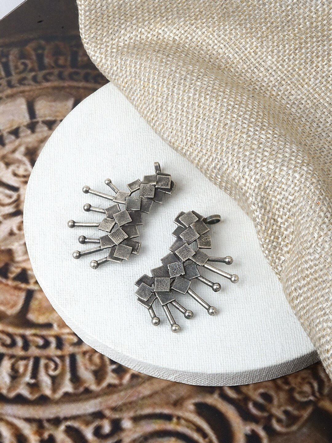 

TEEJH Silver- Plated Oxidised Contemporary Ear Cuff Earrings