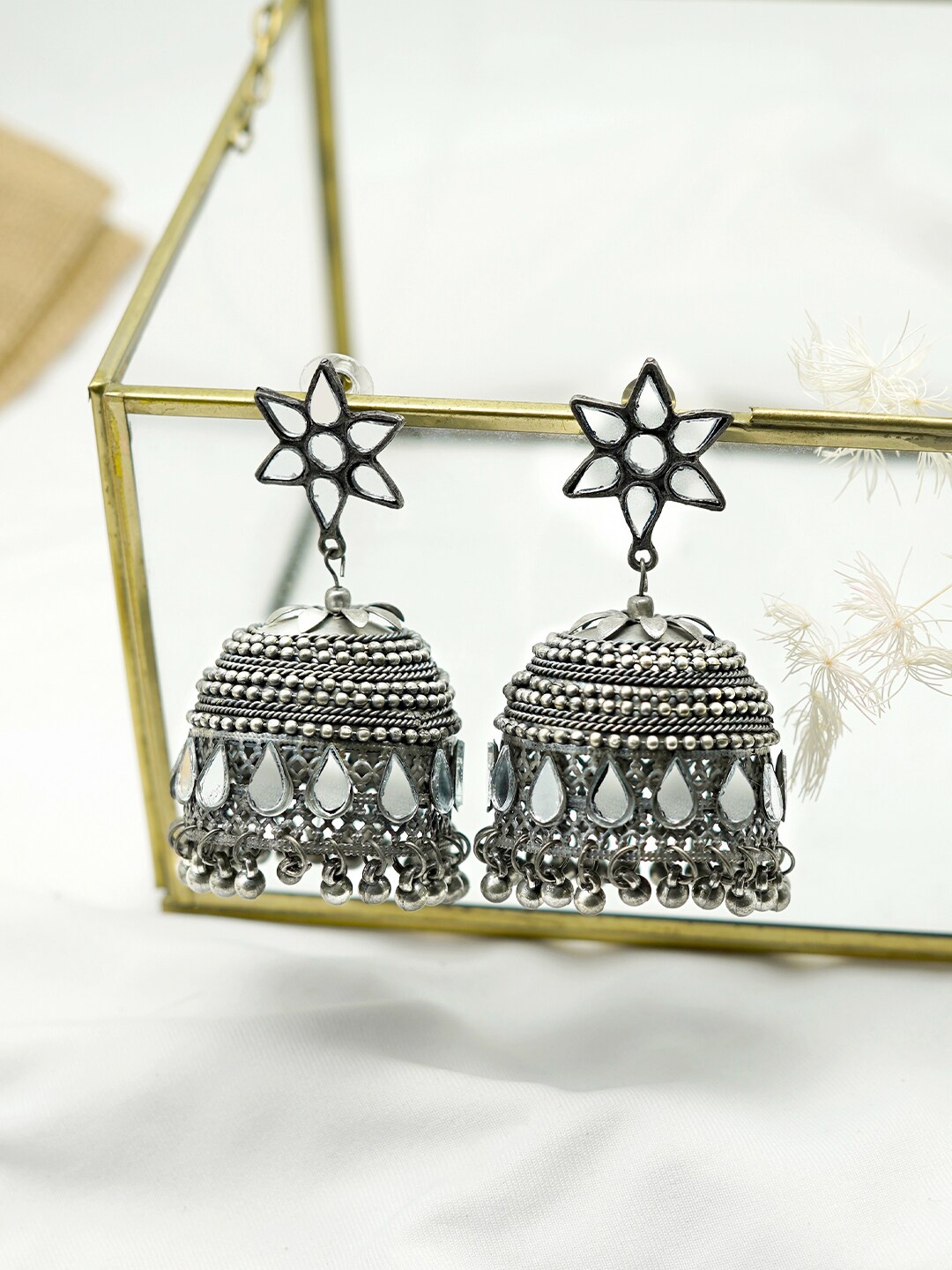 

TEEJH Silver-Plated Oxidised Classic Jhumkas Earrings