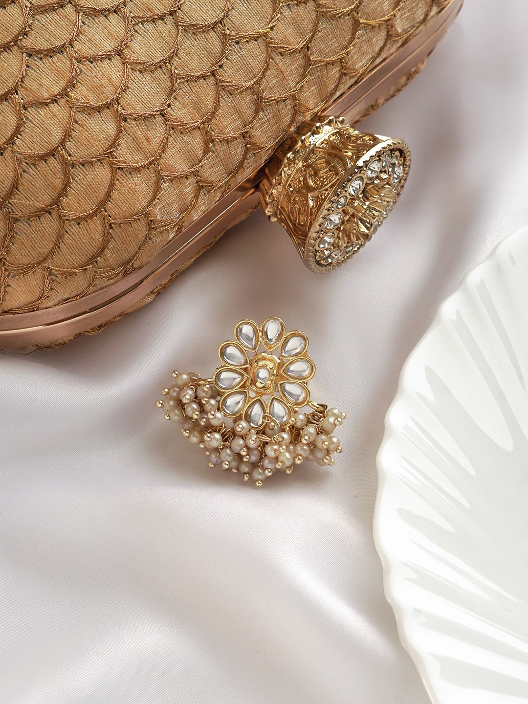 

TEEJH Gold-Plated Kundan-Studded & Beaded Antique Simara Adjustable Polki Finger Ring