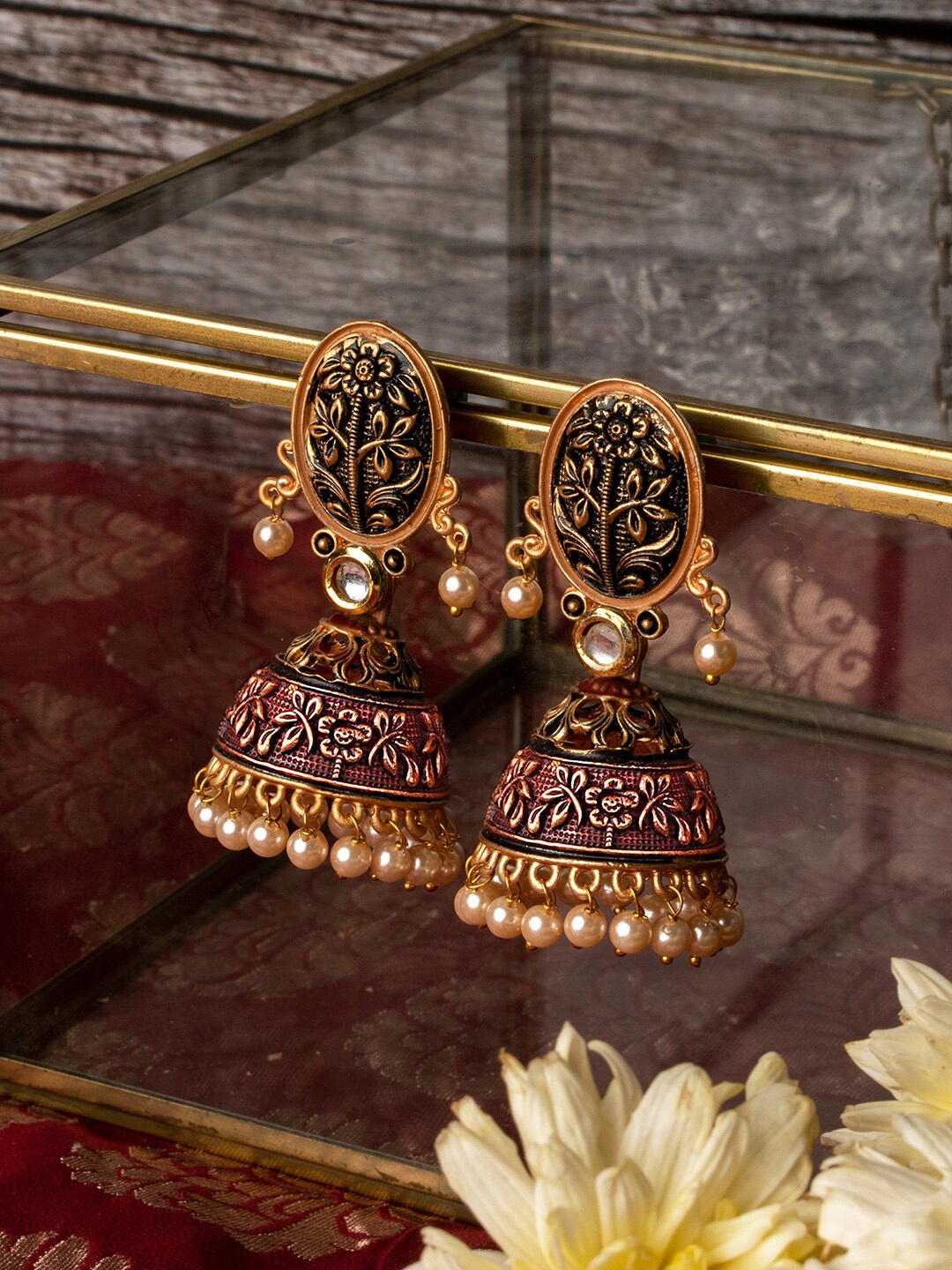 

TEEJH Copper-Plated Dome Shaped Jhumkas Earrings, Gold