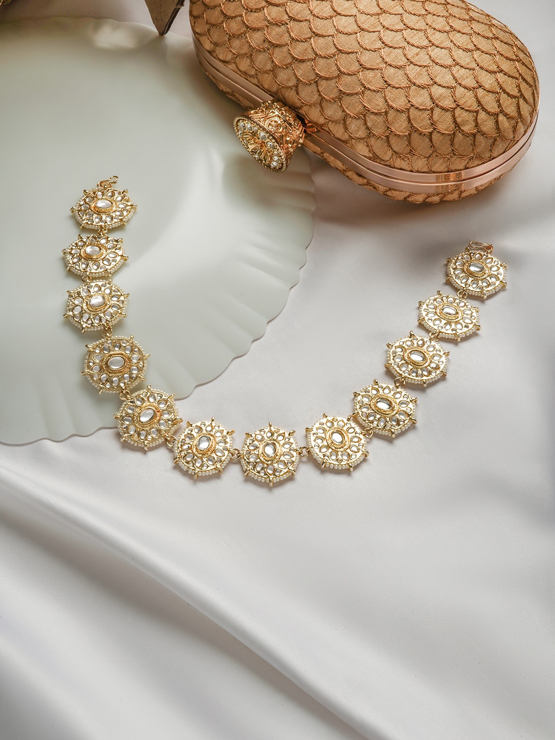 

TEEJH Stone Studded Pearls & Polki Beaded Matha Patti, Gold