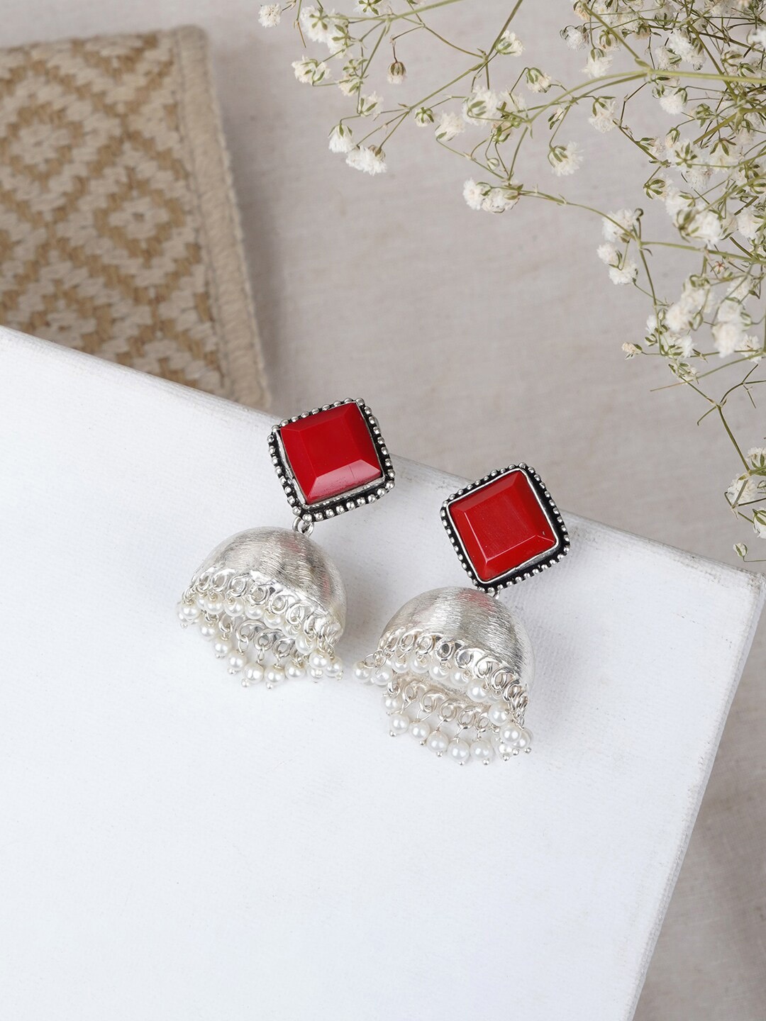 

TEEJH Silver-Plated Dome Shaped Jhumkas Earrings