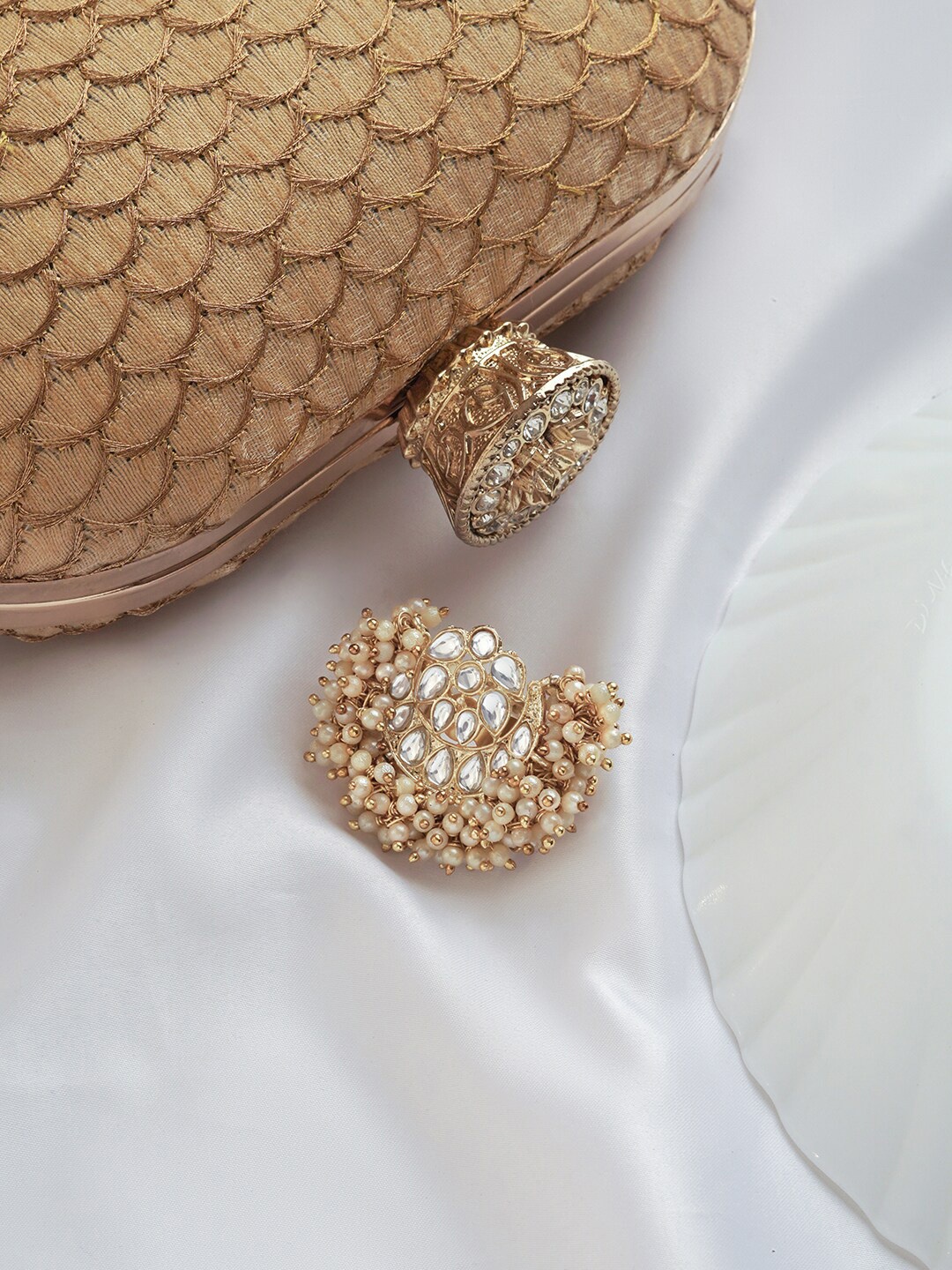

TEEJH Gold-Plated Stone-Studded & Beaded Adjustable Finger Ring