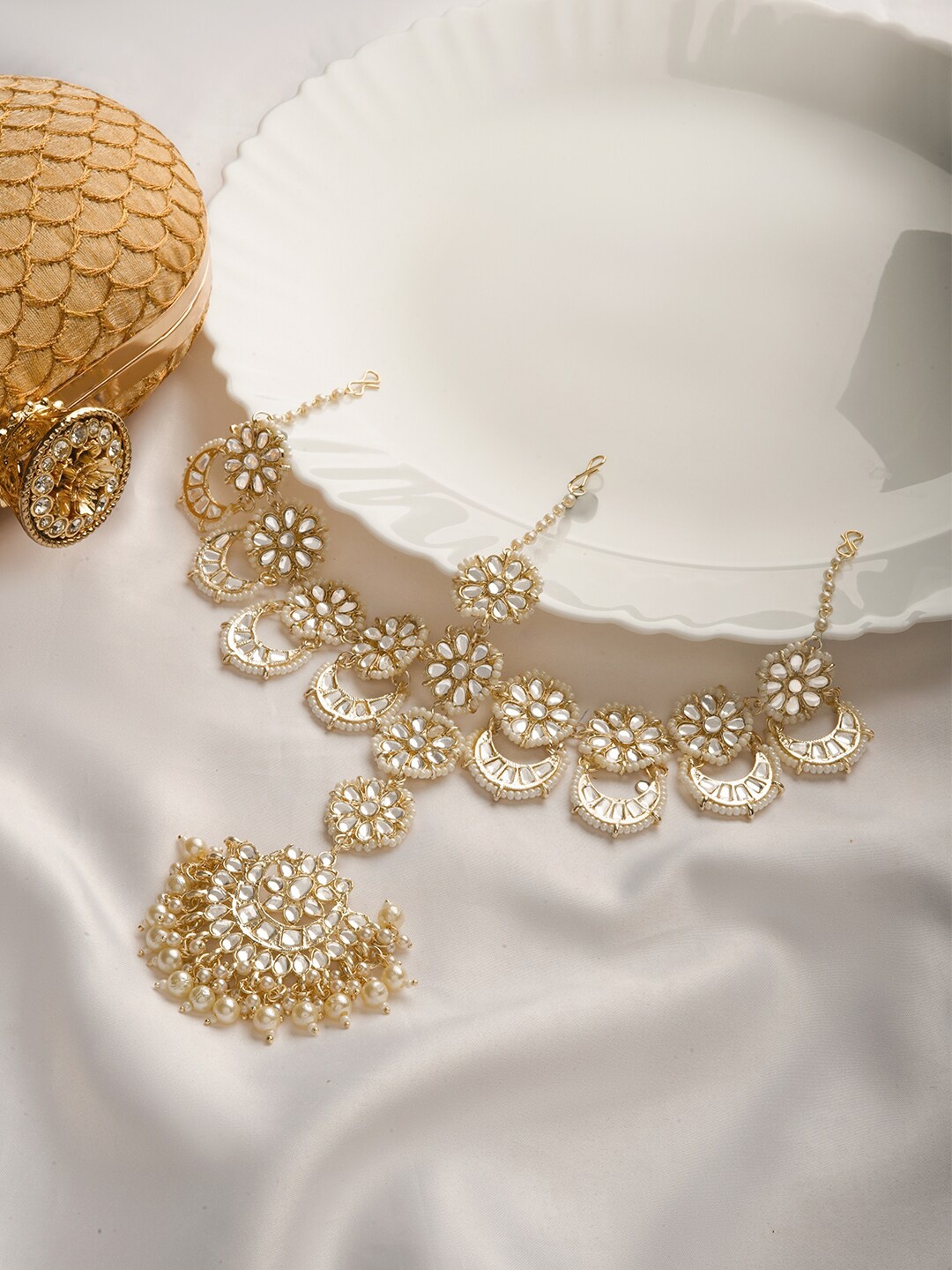 

TEEJH Women Gold-Plated Stone-Studded Alloy Matha Patti, White