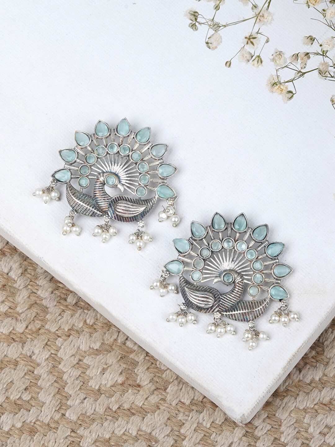 

TEEJH Silver-Plated Peacock Shaped Studs Earrings