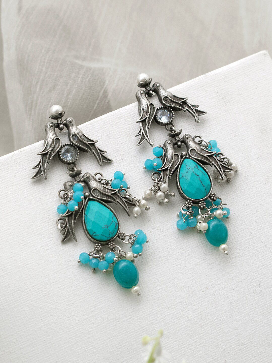 

TEEJH Silver-Plated Floral Drop Earrings