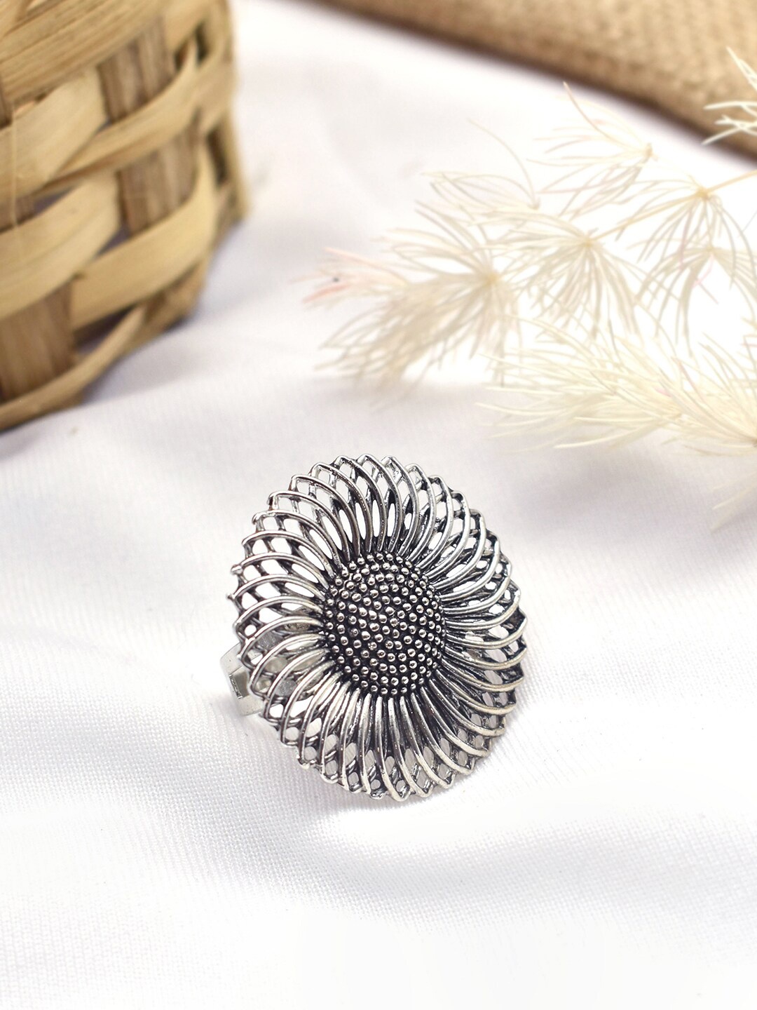 

TEEJH Stone-Studded Adjustable Oxidized Finger Ring, Silver