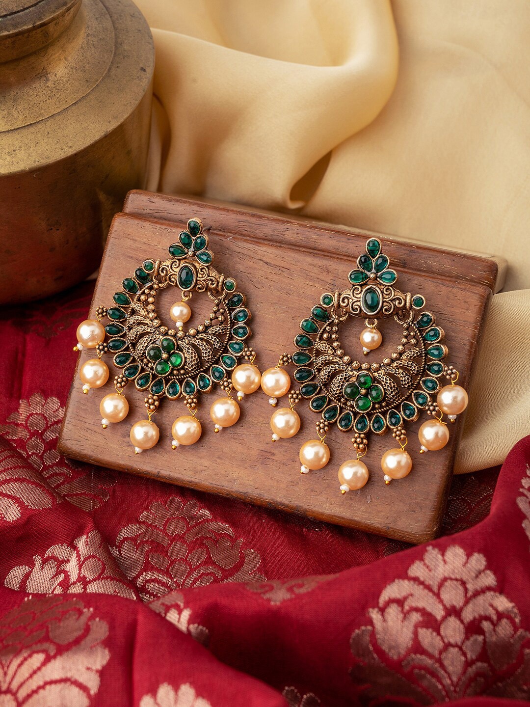 

TEEJH Gold-Plated Crescent Shaped Chandbalis, Green
