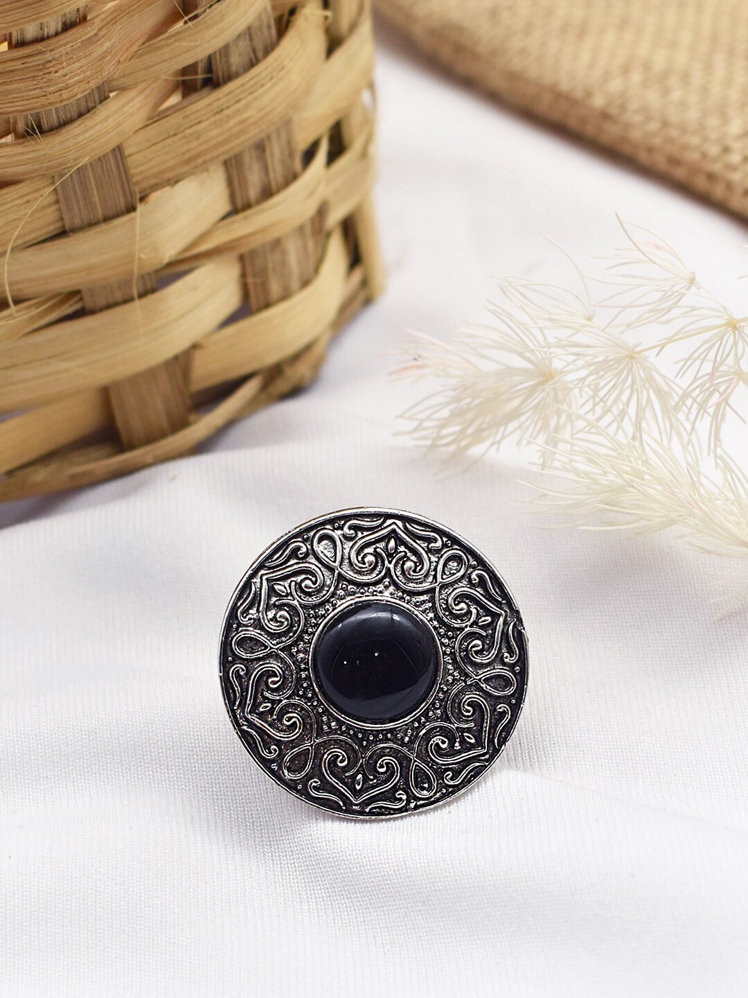 

TEEJH Nayana Oxidised & Stone Studded Adjustable Finger Ring, Silver