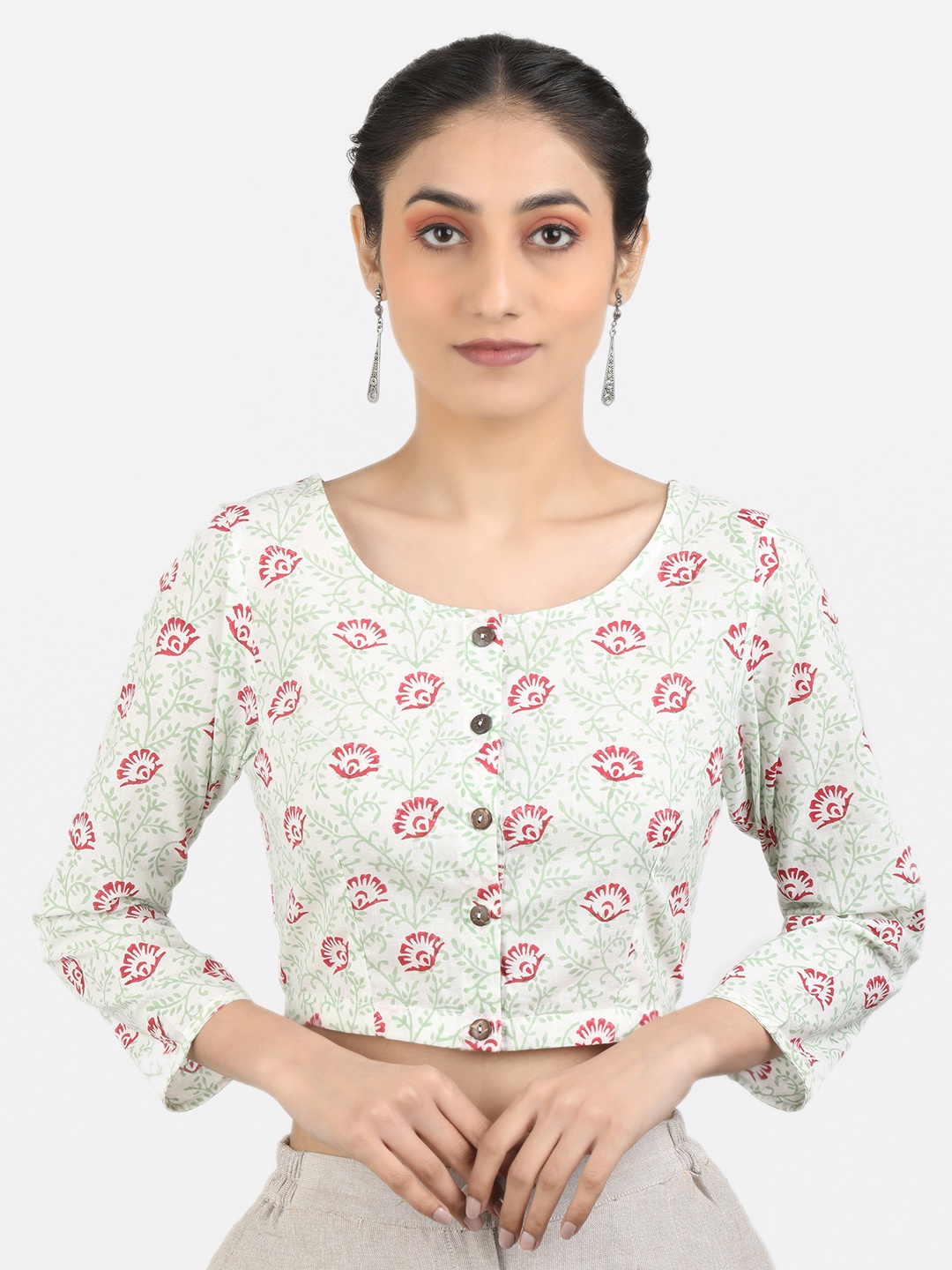 

Llajja Block-Printed Pure-Cotton Readymade Saree Blouse, White