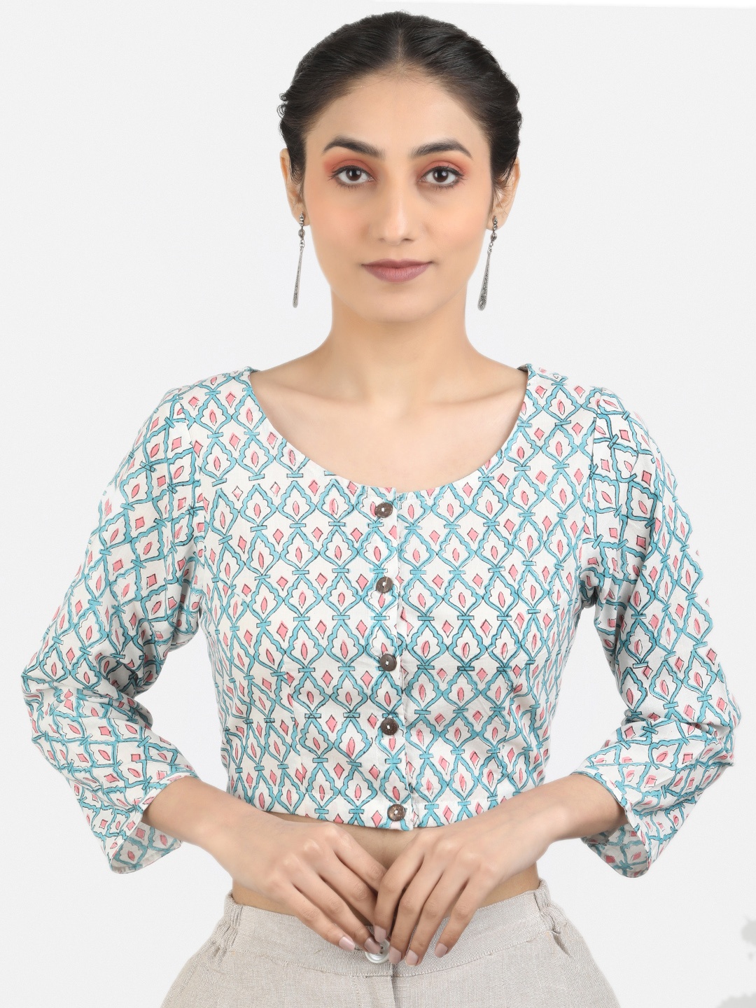 

Llajja Block Printed Round Neck Cotton Ready To Wear Non Padded Saree Blouse, White